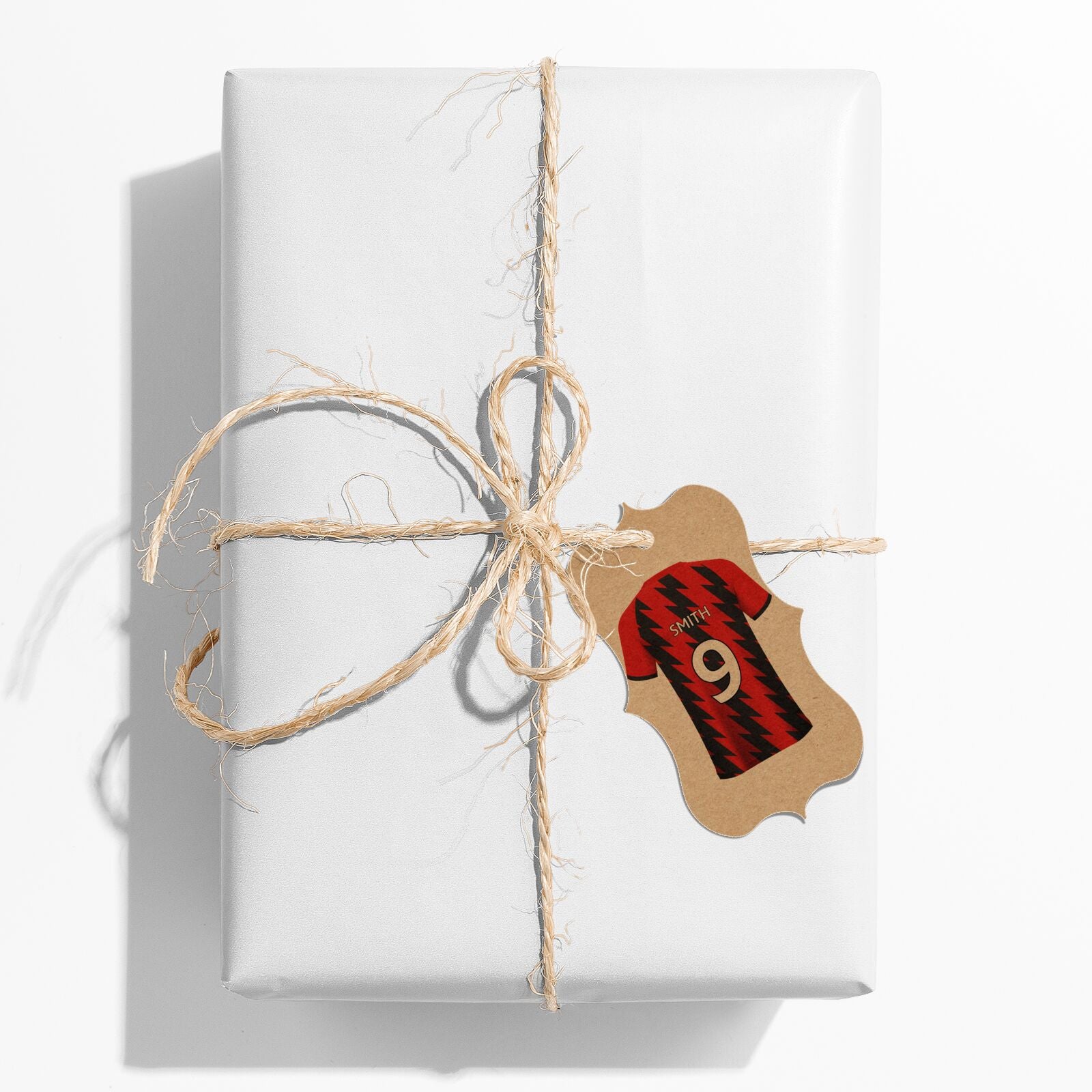 Red and Black Stripes Personalised Football Shirt Bracket Kraft Gift Tag on Present