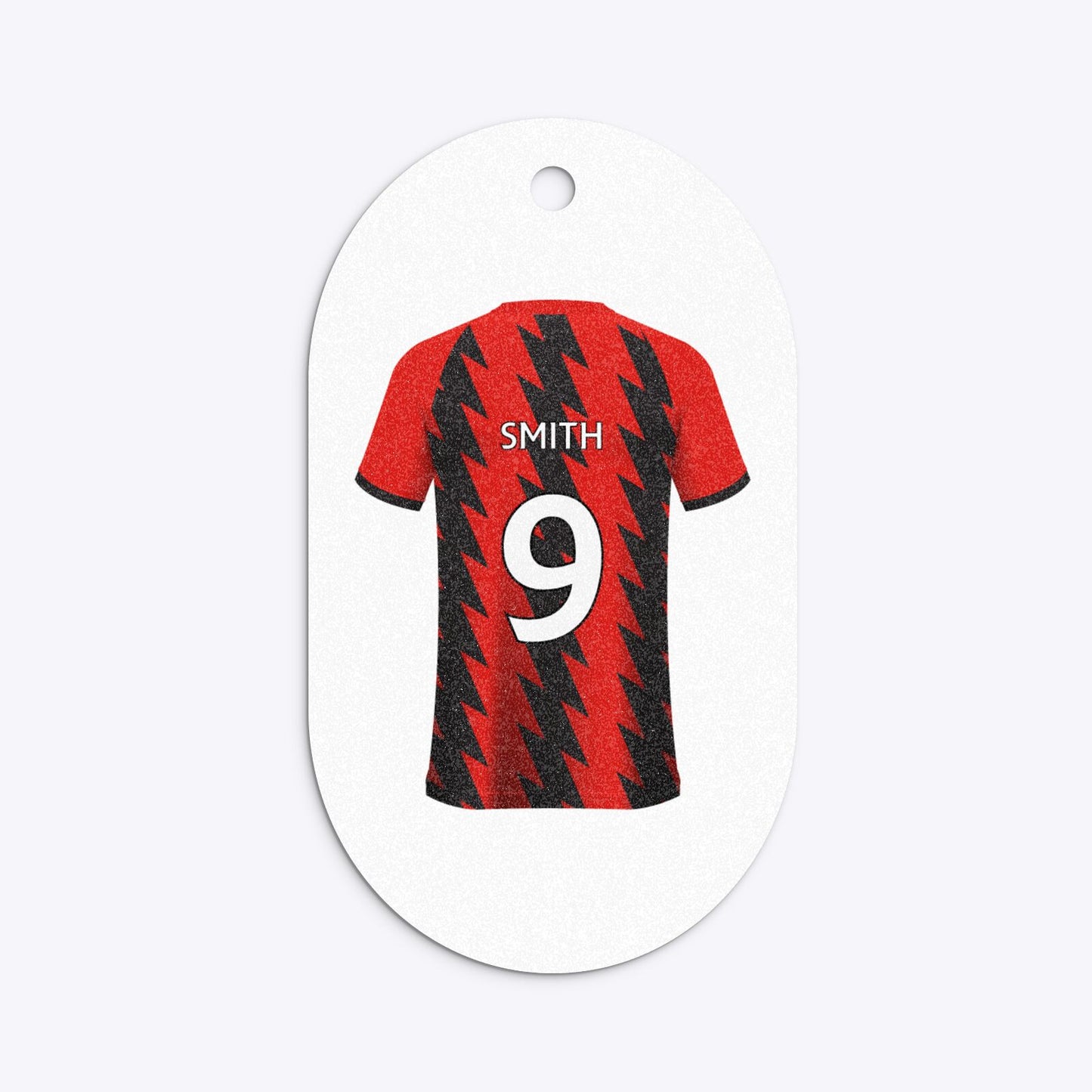 Red and Black Stripes Personalised Football Shirt Flat Edge Glitter Oval Gift Tag