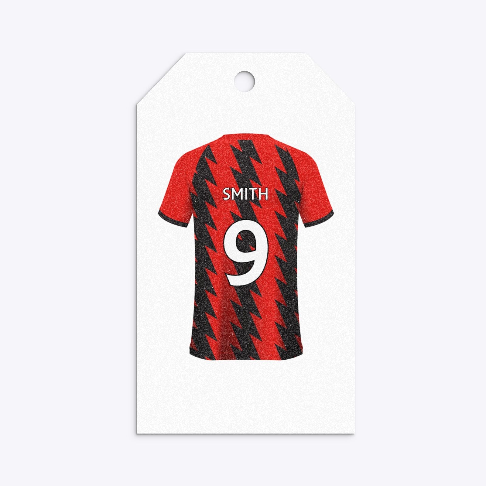 Red and Black Stripes Personalised Football Shirt Gift Tag Glitter