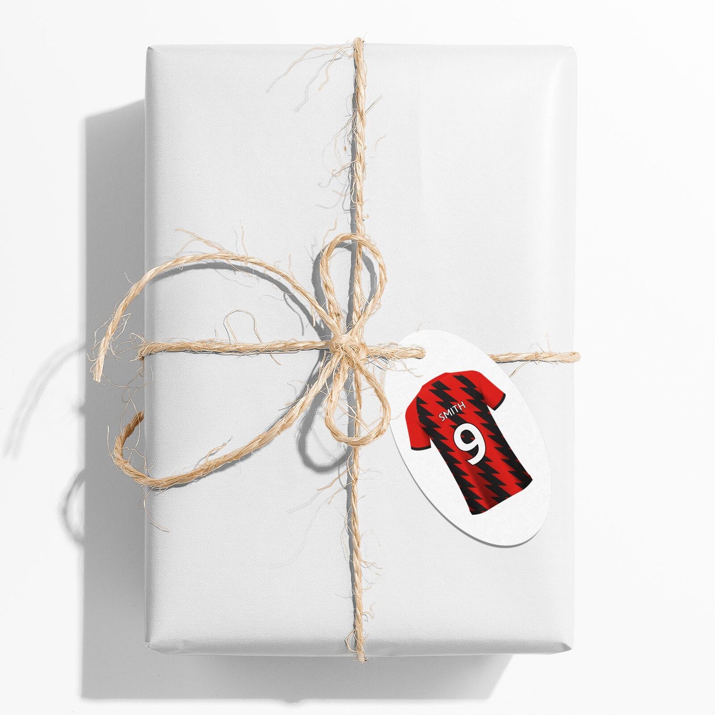 Red and Black Stripes Personalised Football Shirt Oval Gift Tag on Present