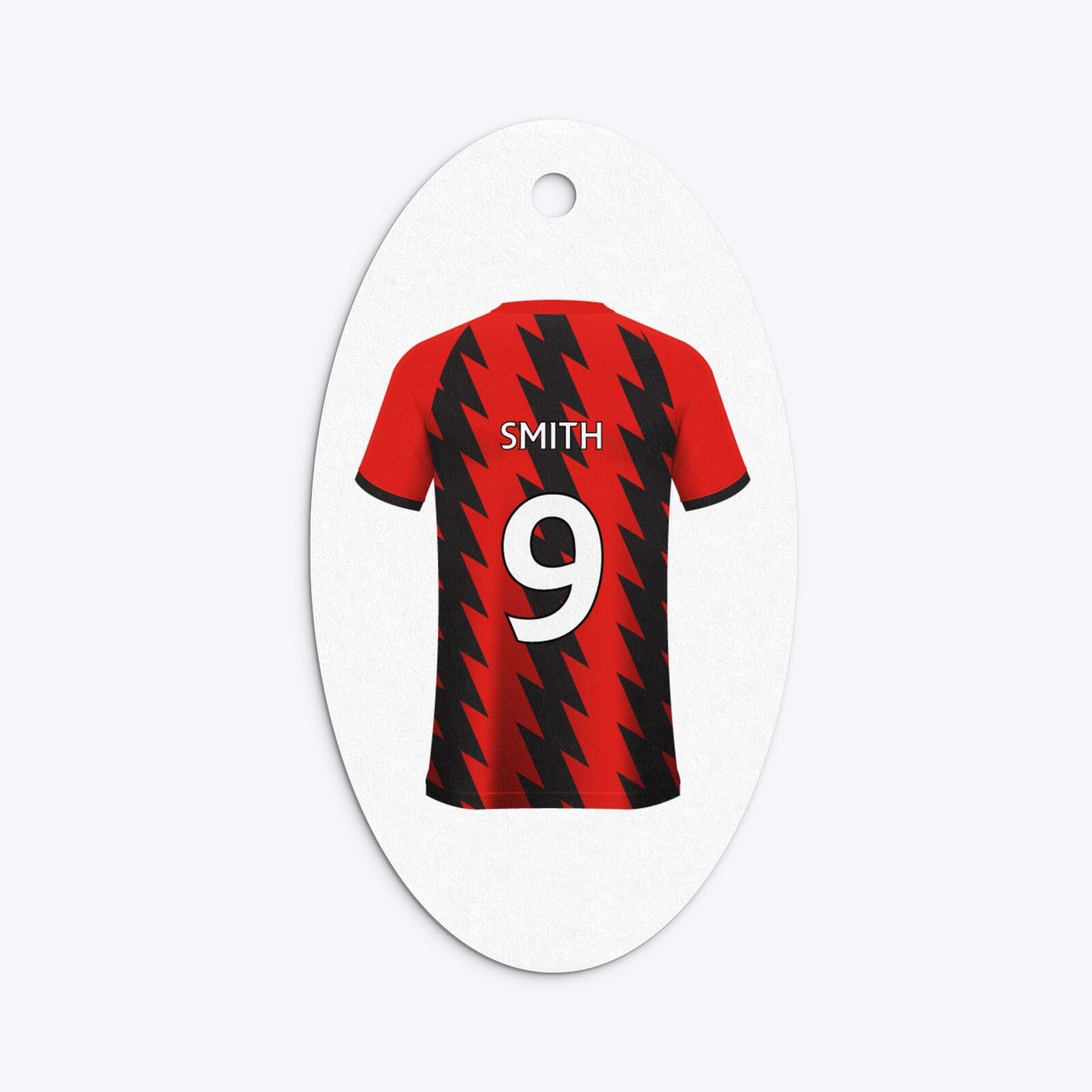 Red and Black Stripes Personalised Football Shirt Oval Gift Tag