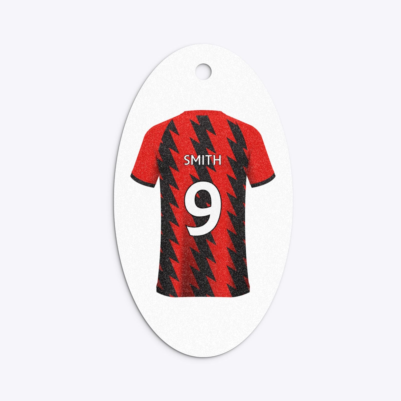 Red and Black Stripes Personalised Football Shirt Oval Glitter Gift Tag