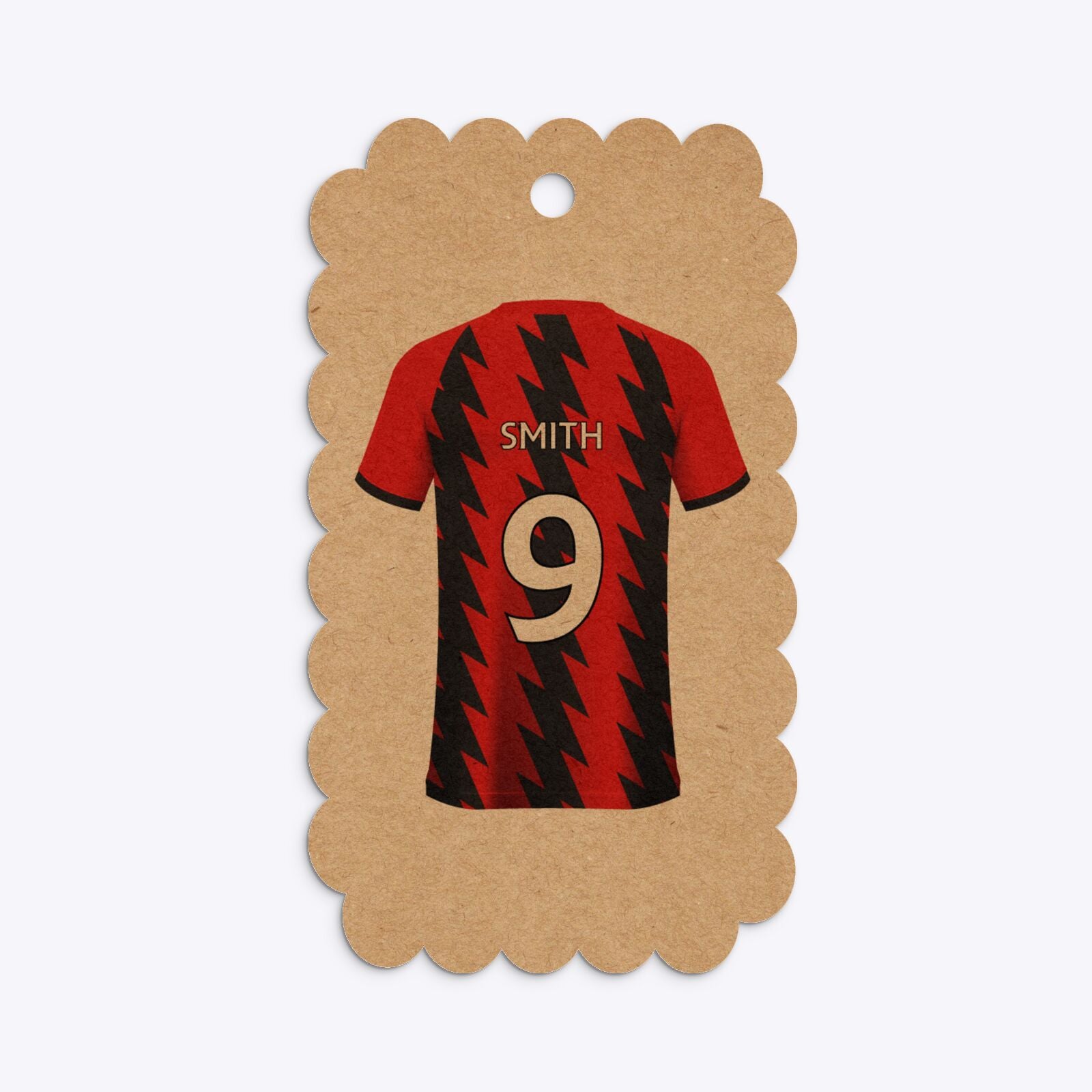 Red and Black Stripes Personalised Football Shirt Scalloped Kraft Gift Tag