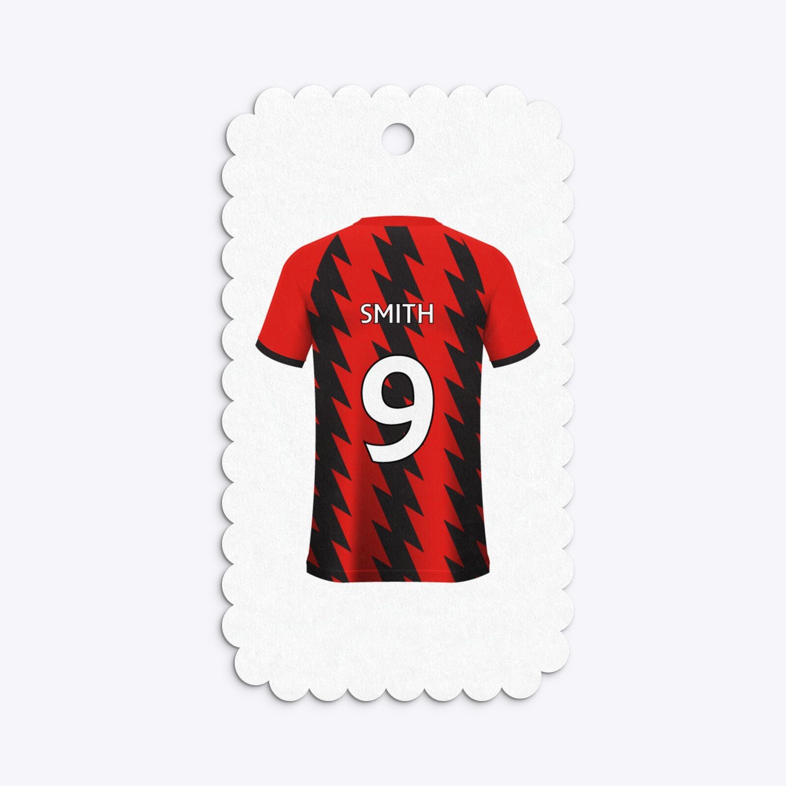 Red and Black Stripes Personalised Football Shirt Small Scalloped Gift Tag