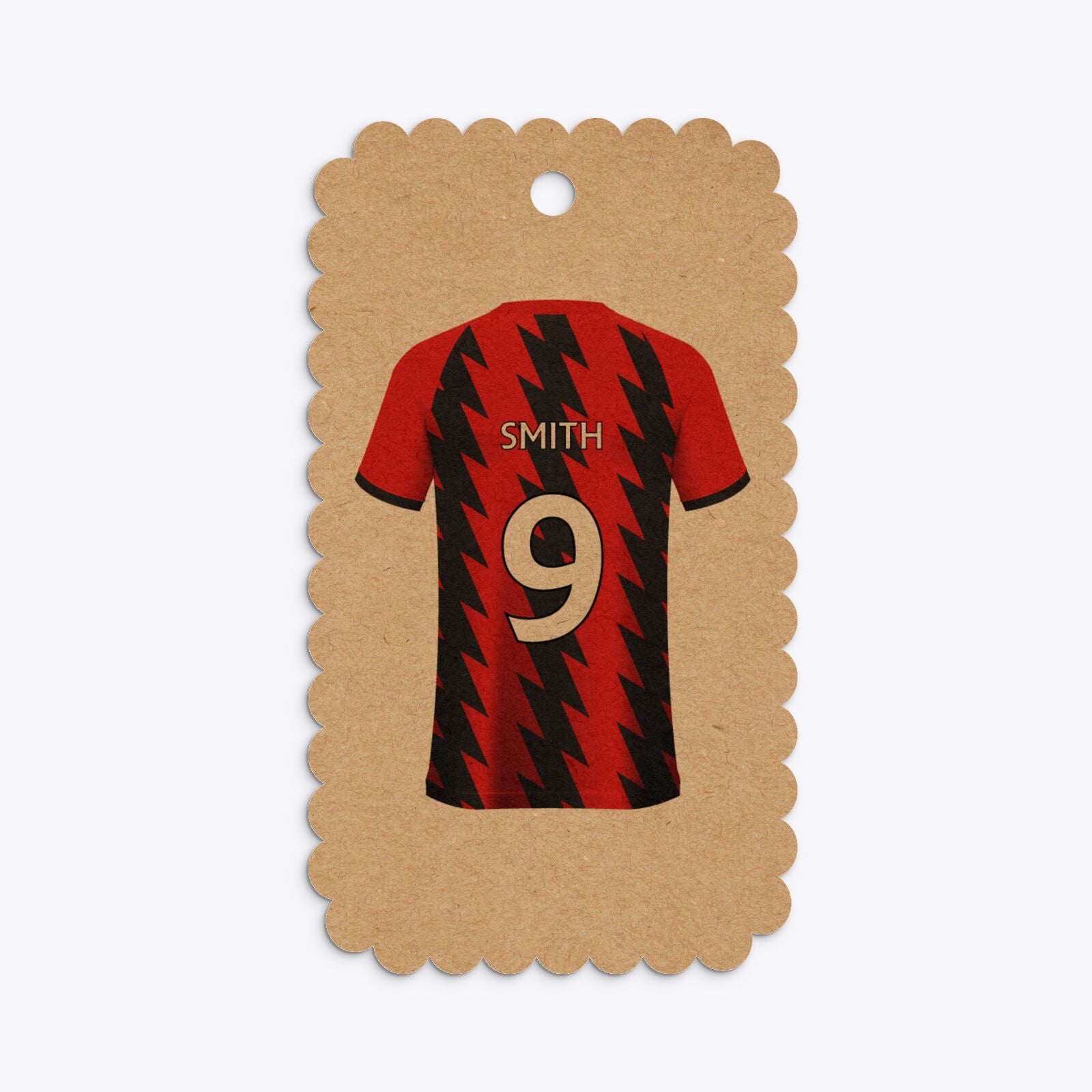 Red and Black Stripes Personalised Football Shirt Small Scalloped Kraft Gift Tag