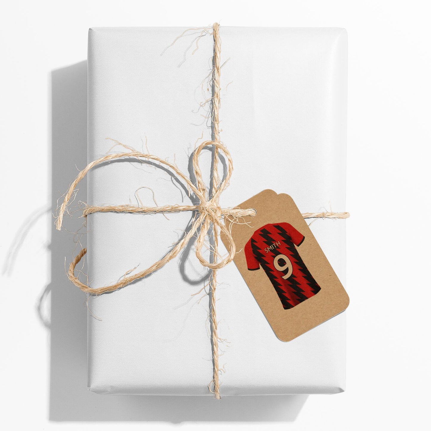 Red and Black Stripes Personalised Football Shirt Two Tier Rectangle Kraft Gift Tag on Present