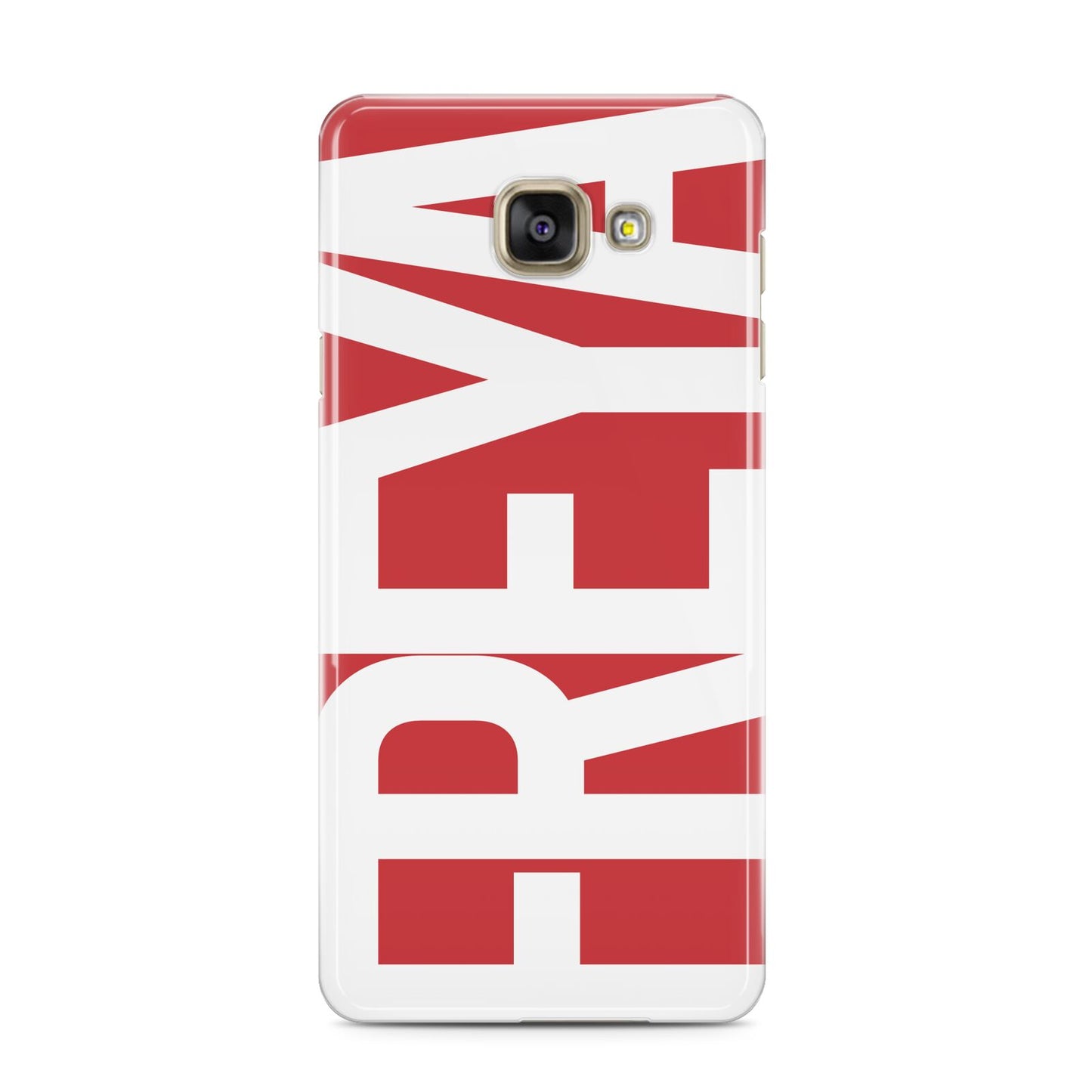 Red and White Chunky Name Samsung Galaxy A3 2016 Case on gold phone