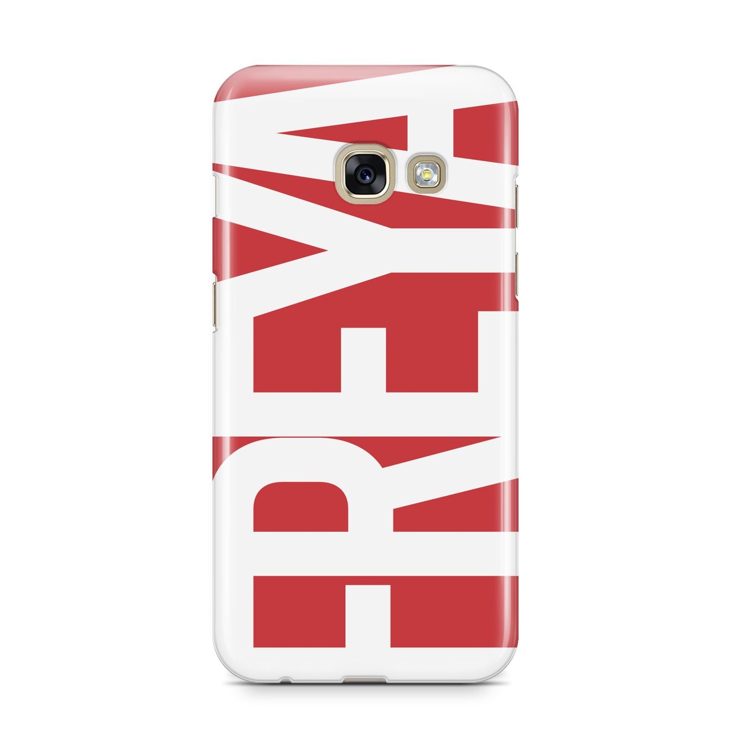 Red and White Chunky Name Samsung Galaxy A3 2017 Case on gold phone