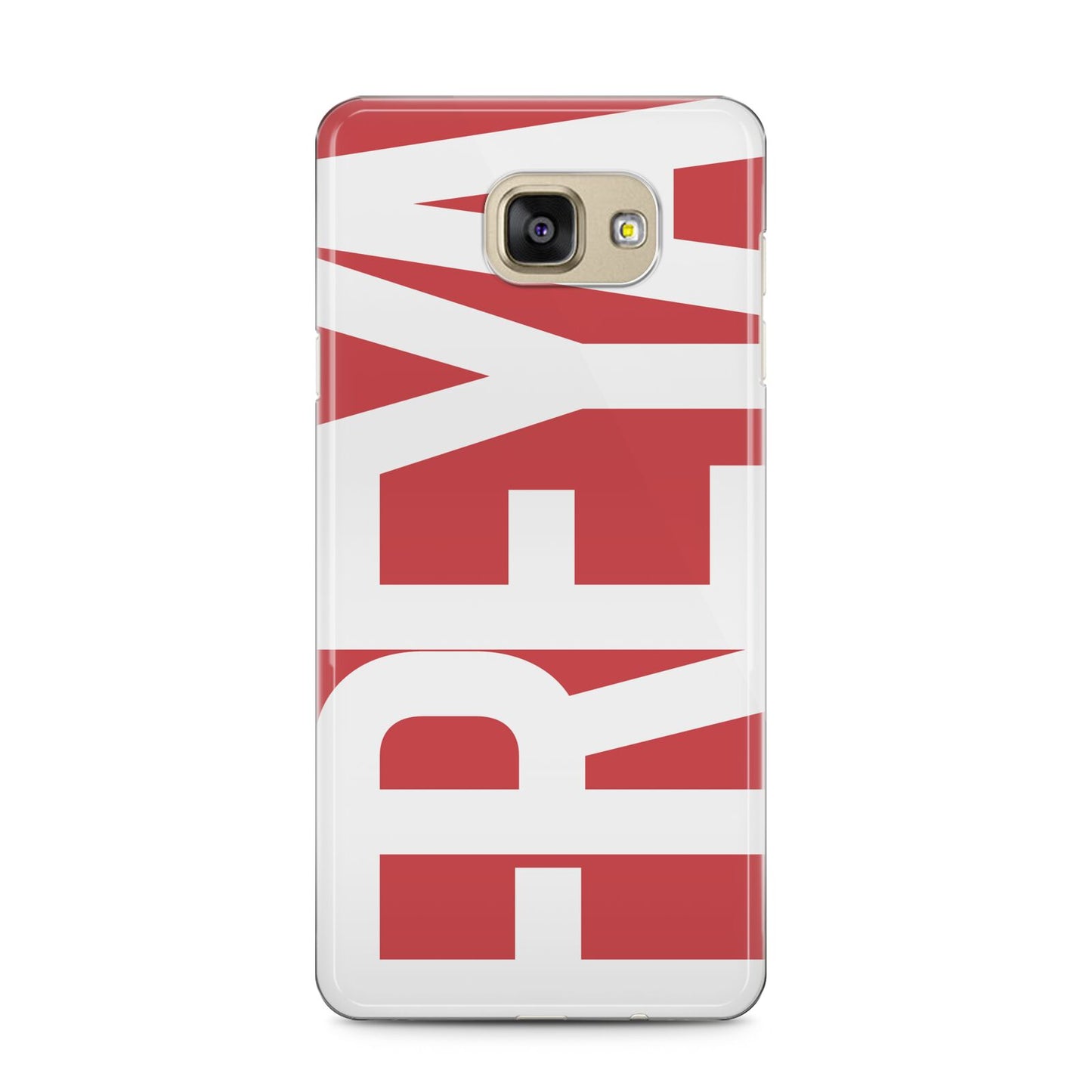 Red and White Chunky Name Samsung Galaxy A5 2016 Case on gold phone