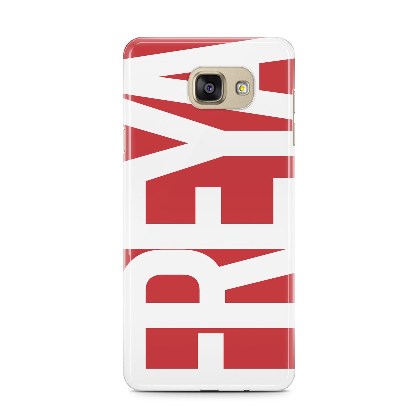 Red and White Chunky Name Samsung Galaxy A7 2016 Case on gold phone
