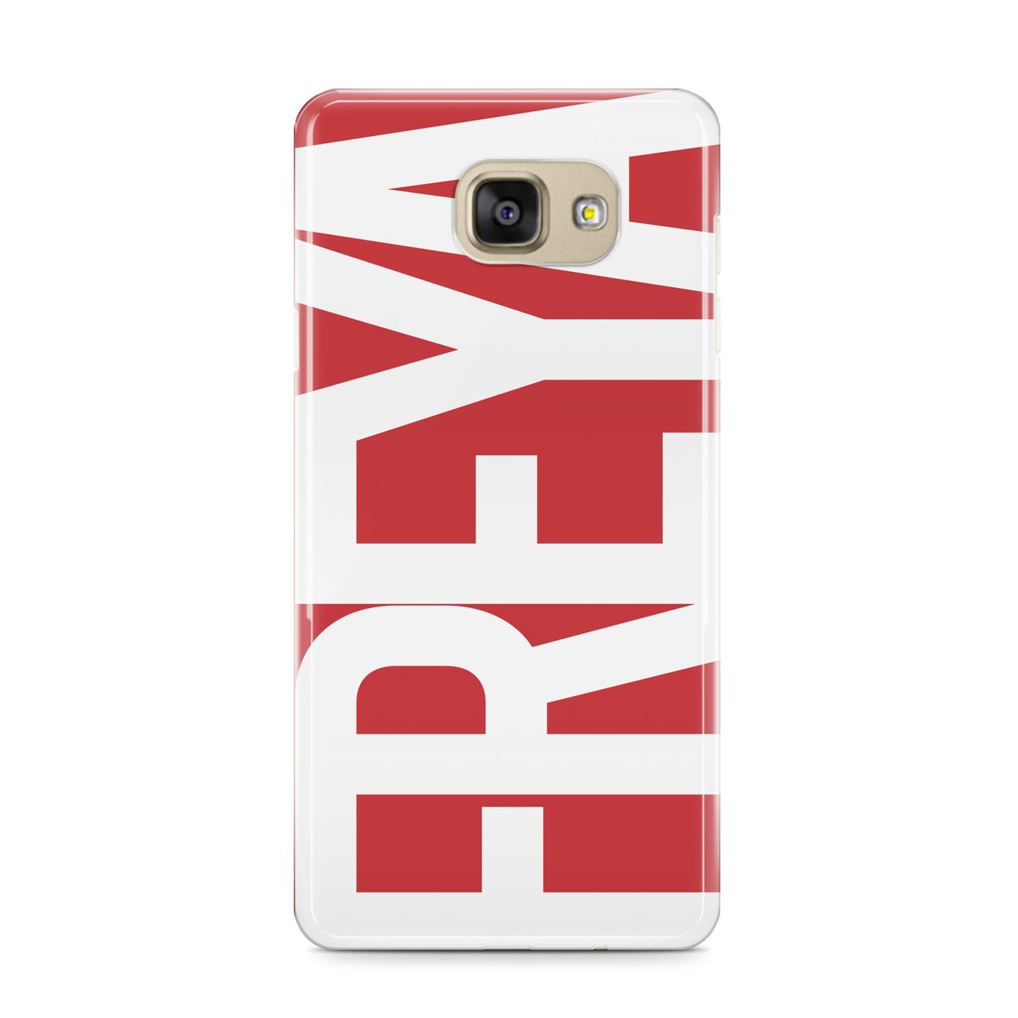 Red and White Chunky Name Samsung Galaxy A9 2016 Case on gold phone