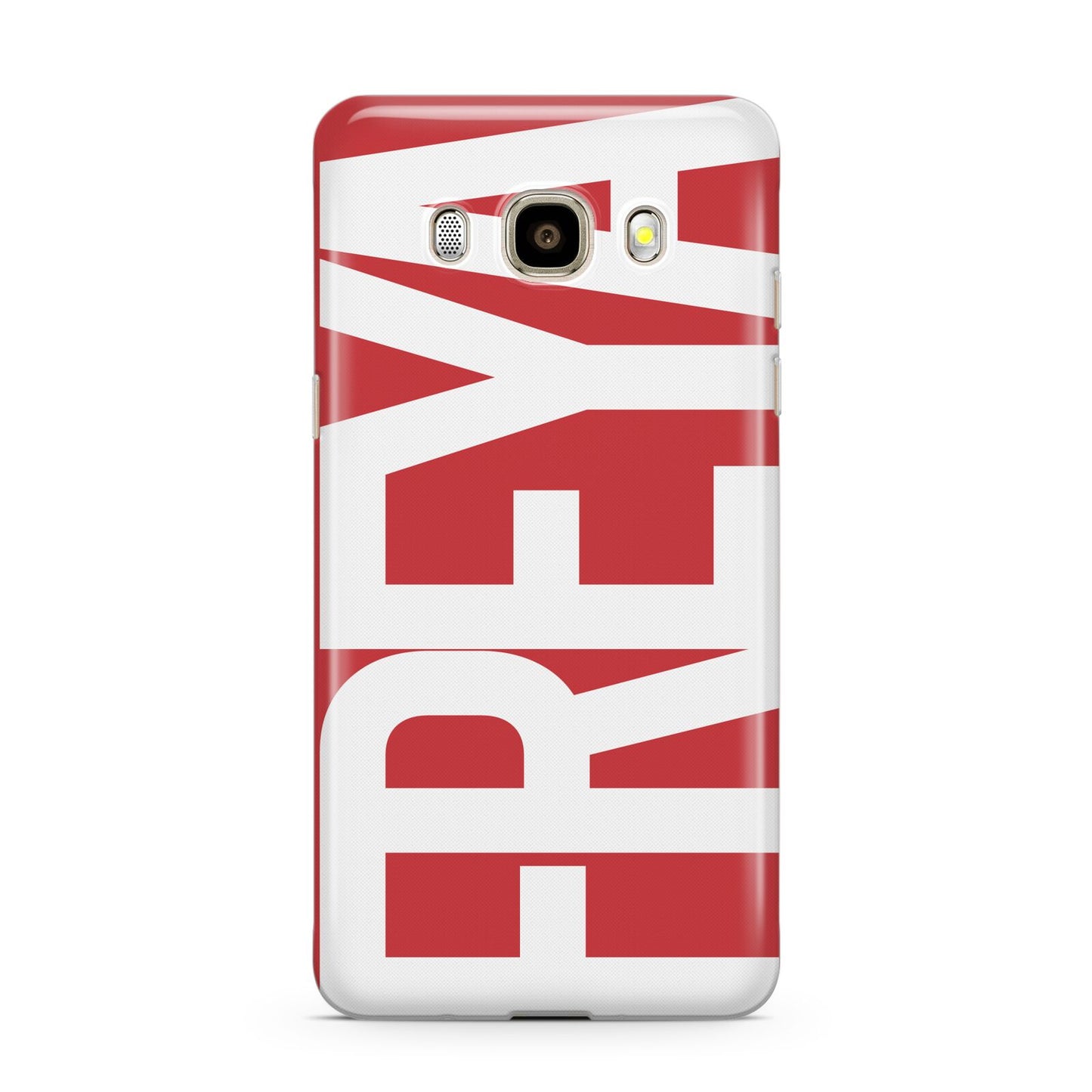 Red and White Chunky Name Samsung Galaxy J7 2016 Case on gold phone