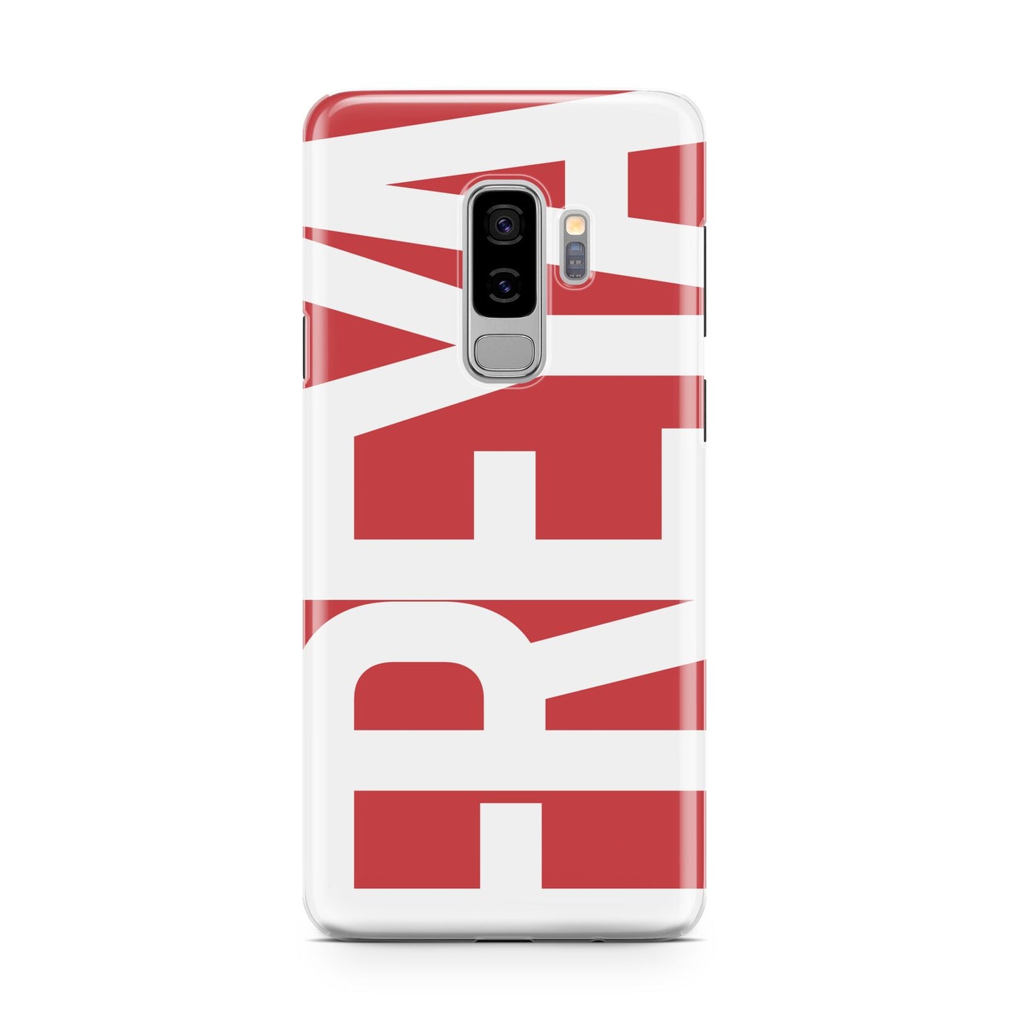 Red and White Chunky Name Samsung Galaxy S9 Plus Case on Silver phone