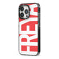 Red and White Chunky Name iPhone 13 Pro Black Impact Case Side Angle on Silver phone