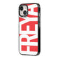 Red and White Chunky Name iPhone 14 Black Impact Case Side Angle on Silver phone