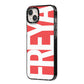 Red and White Chunky Name iPhone 14 Plus Black Impact Case Side Angle on Silver phone