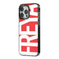 Red and White Chunky Name iPhone 14 Pro Max Black Impact Case Side Angle on Silver phone