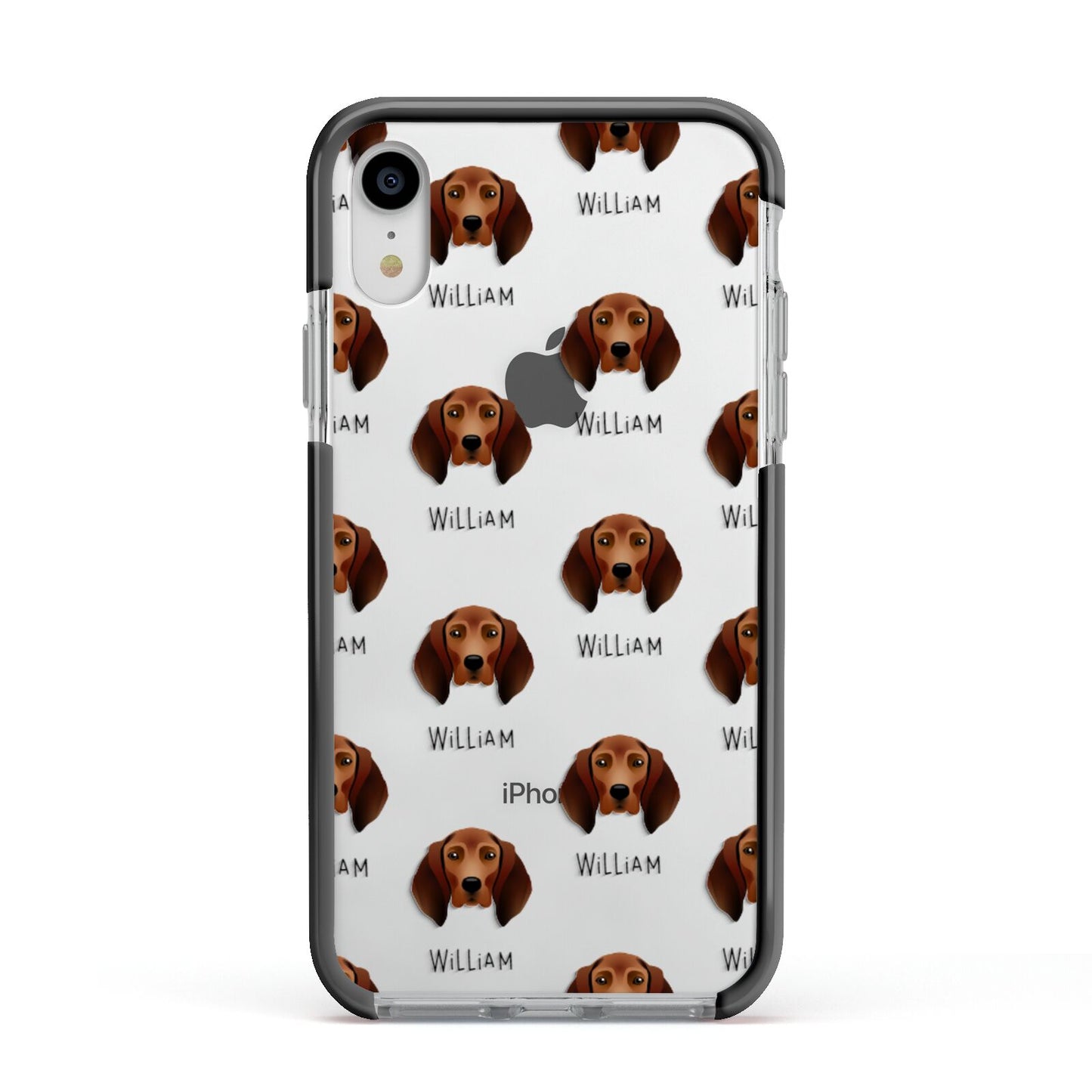 Redbone Coonhound Icon with Name Apple iPhone XR Impact Case Black Edge on Silver Phone