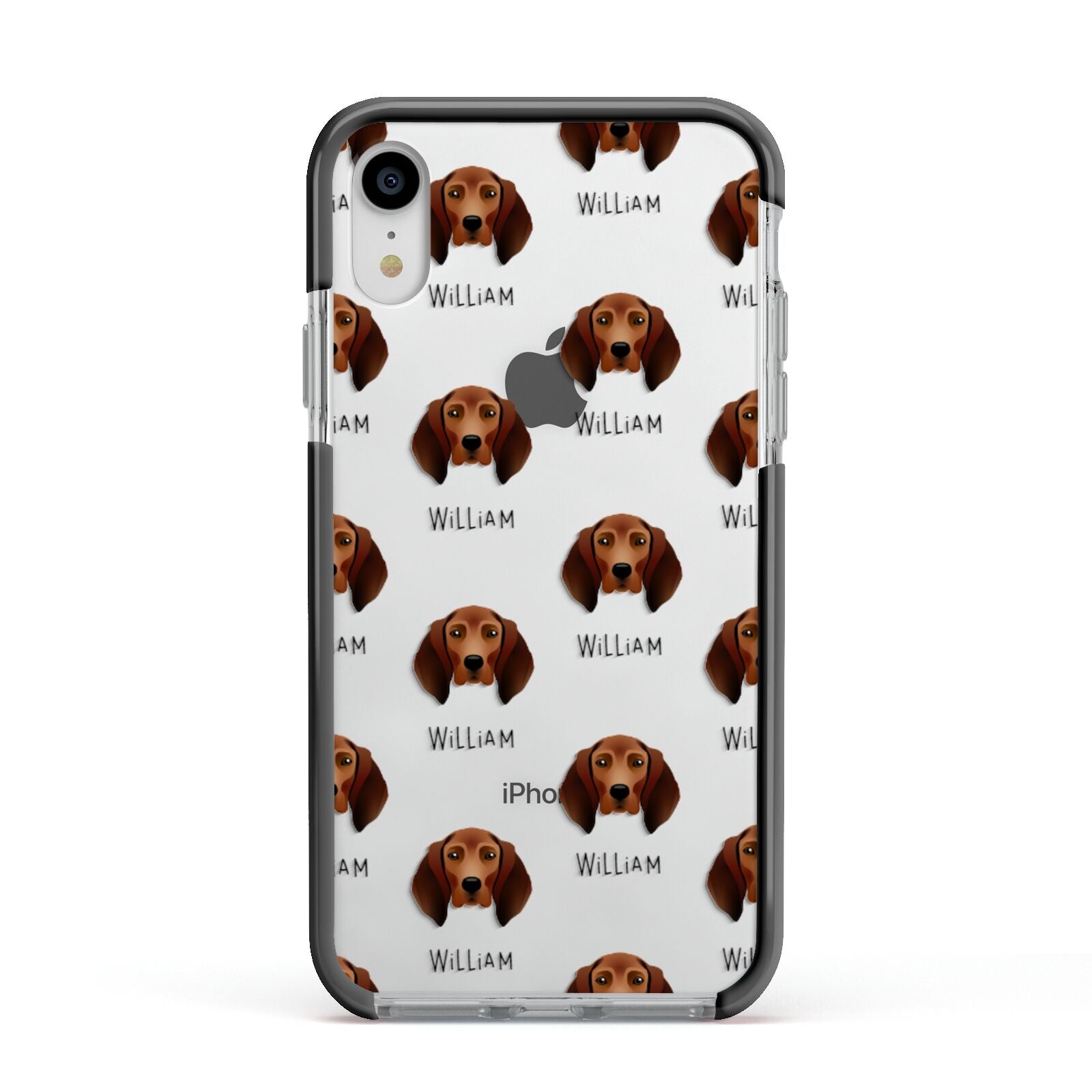 Redbone Coonhound Icon with Name Apple iPhone XR Impact Case Black Edge on Silver Phone