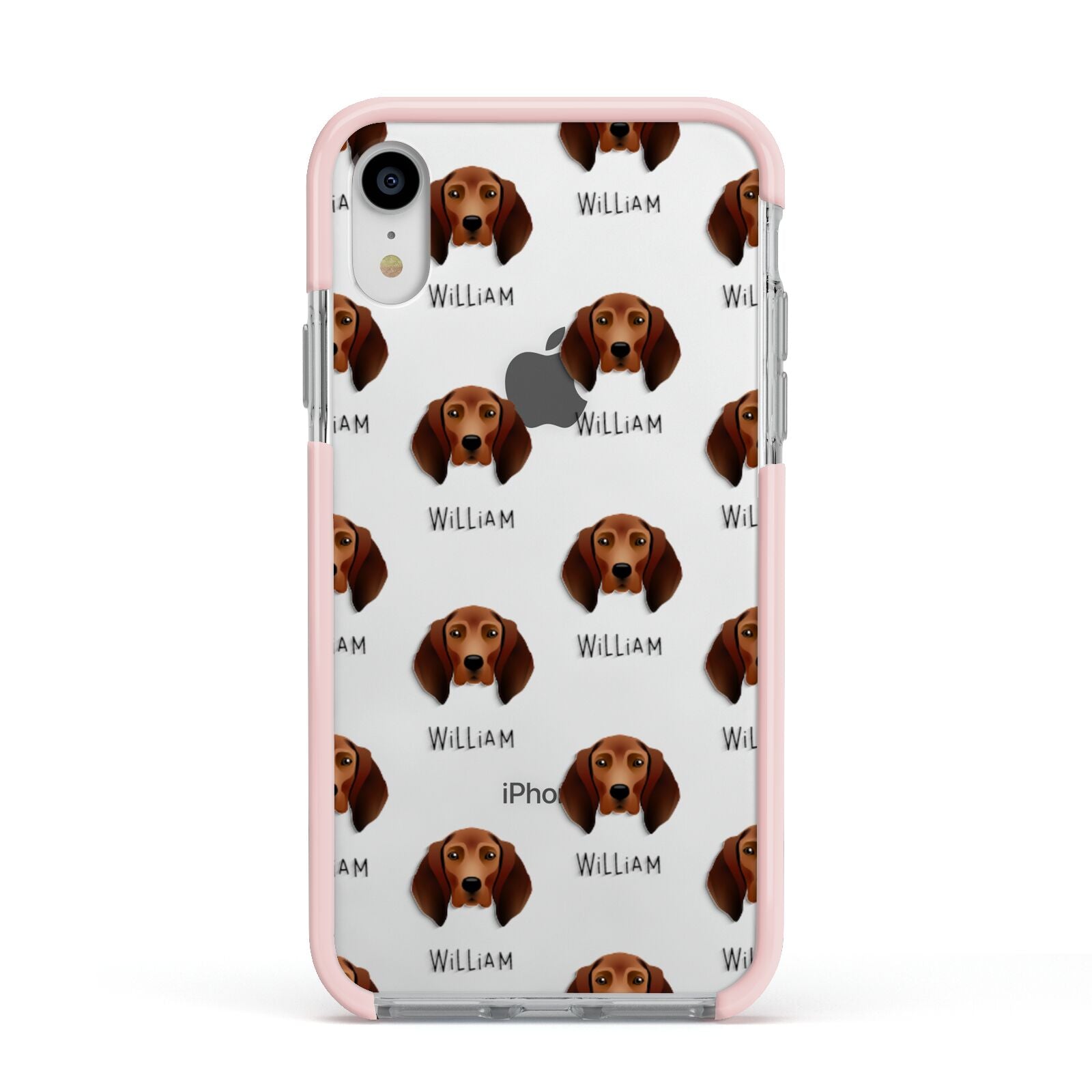 Redbone Coonhound Icon with Name Apple iPhone XR Impact Case Pink Edge on Silver Phone
