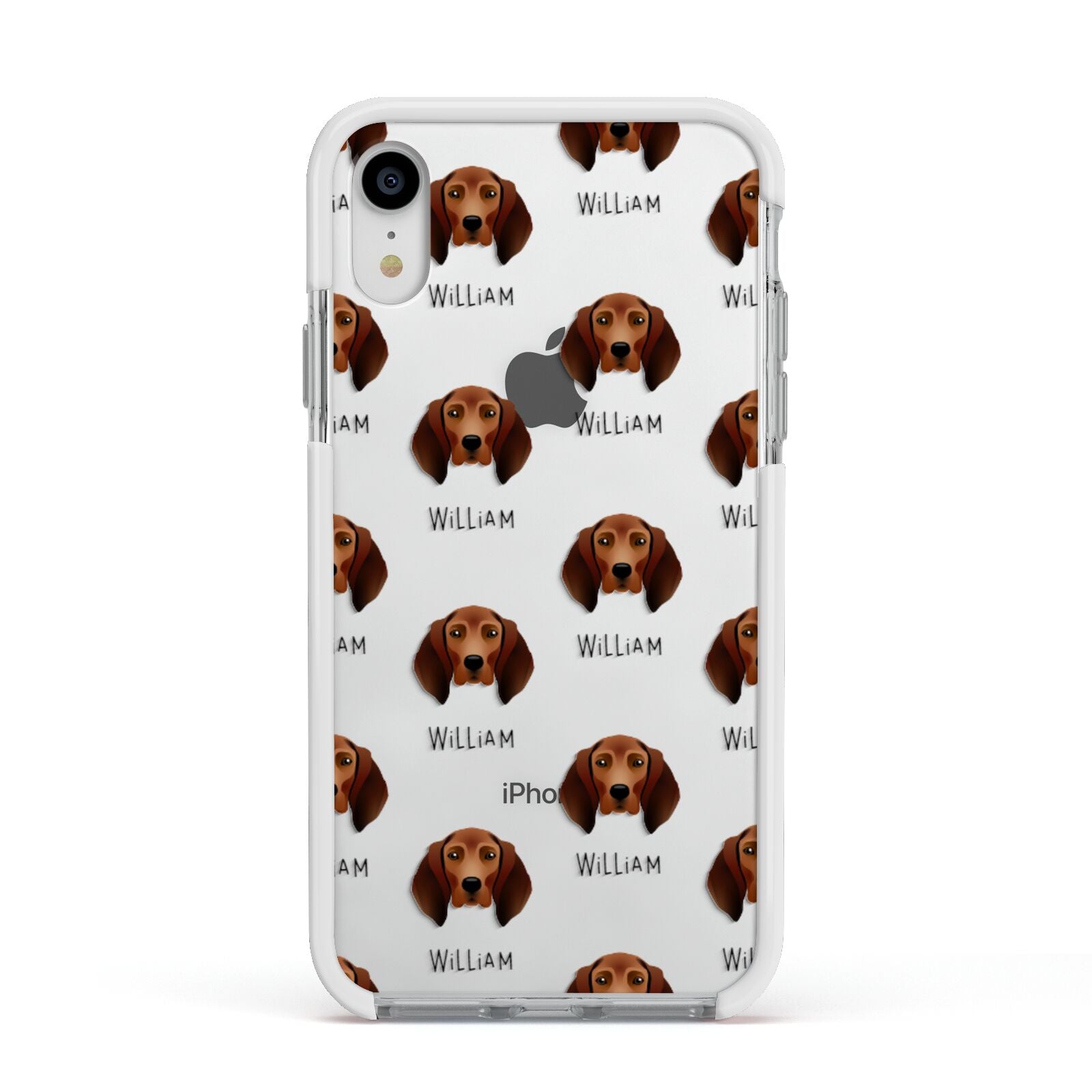 Redbone Coonhound Icon with Name Apple iPhone XR Impact Case White Edge on Silver Phone
