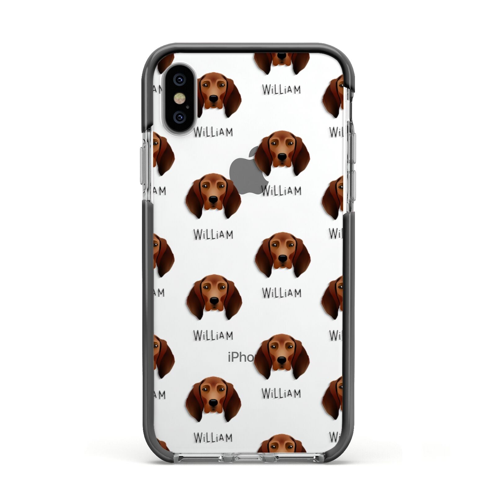 Redbone Coonhound Icon with Name Apple iPhone Xs Impact Case Black Edge on Silver Phone