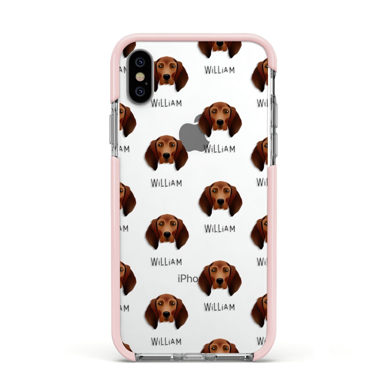 Redbone Coonhound Icon with Name Apple iPhone Xs Impact Case Pink Edge on Silver Phone