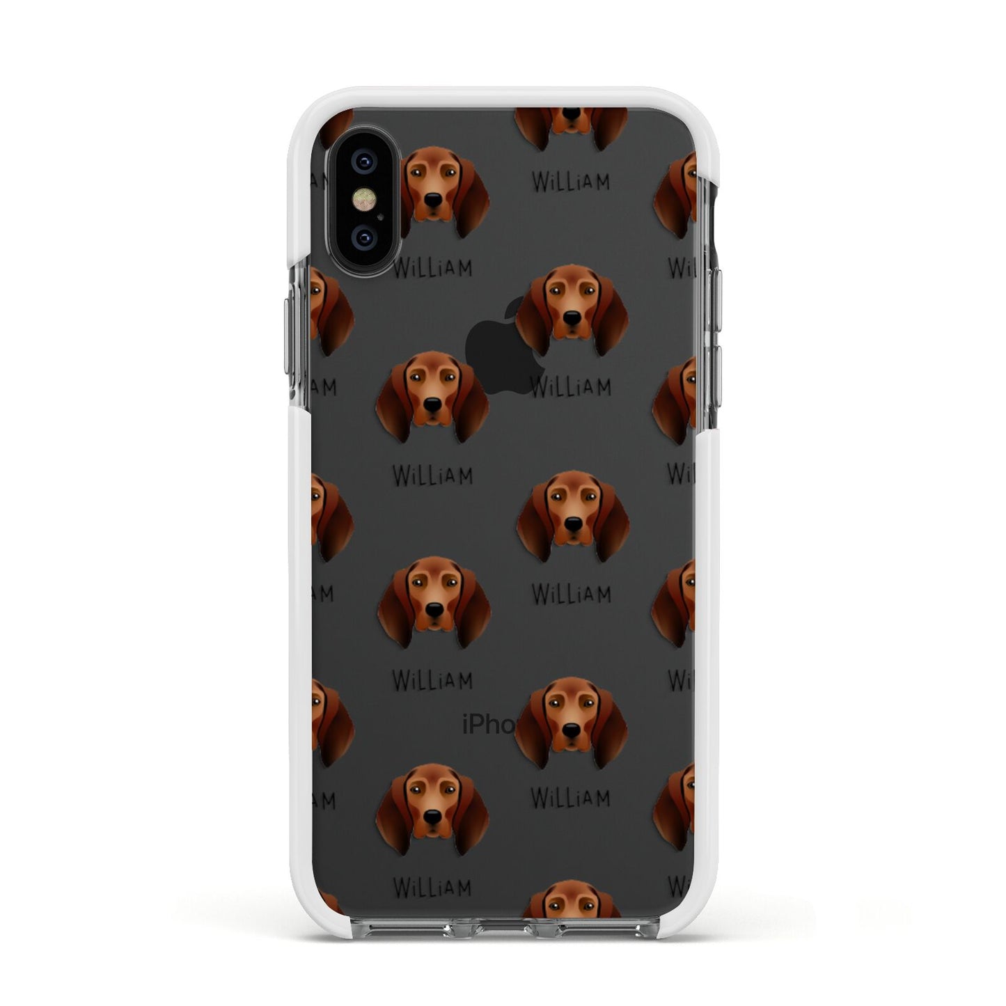 Redbone Coonhound Icon with Name Apple iPhone Xs Impact Case White Edge on Black Phone