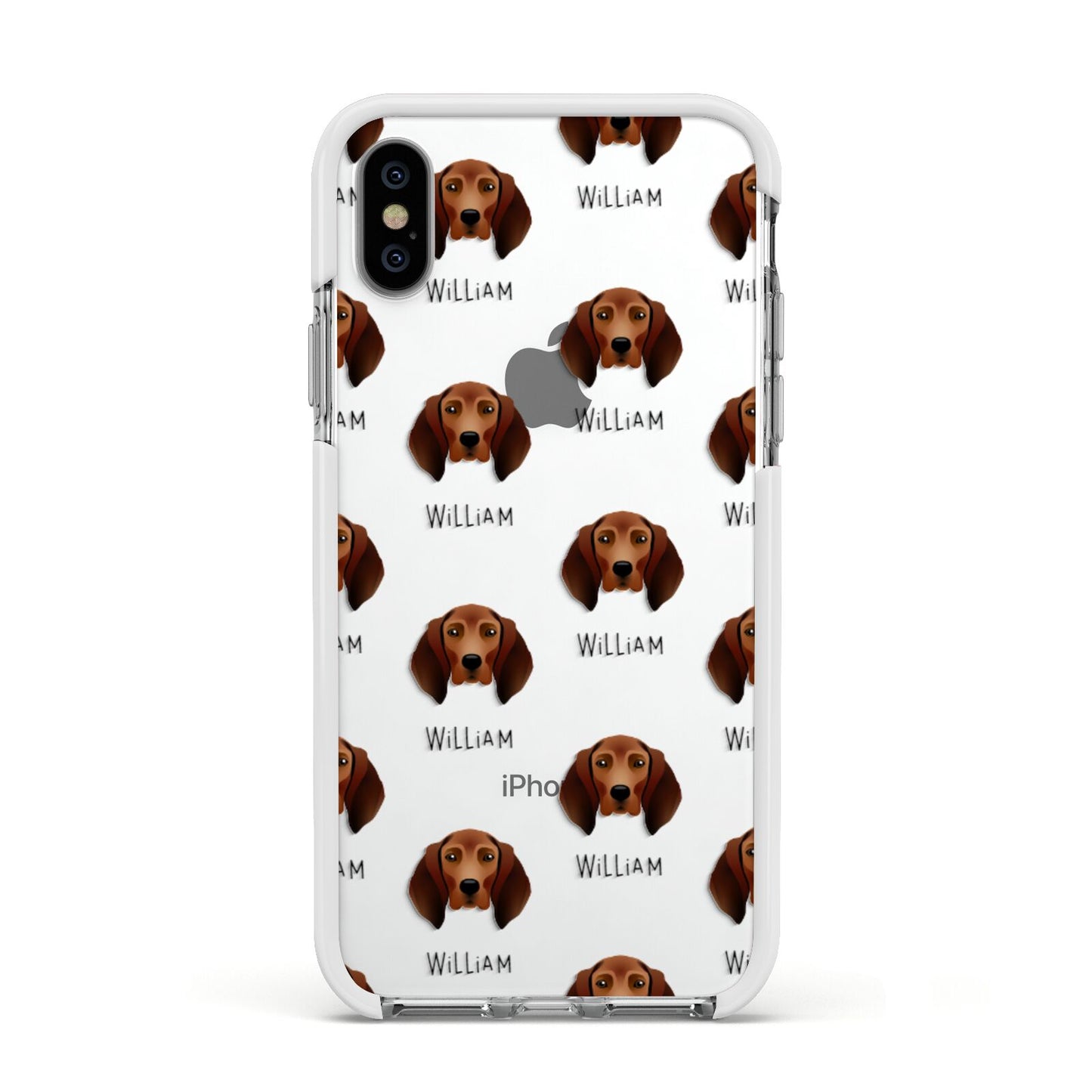 Redbone Coonhound Icon with Name Apple iPhone Xs Impact Case White Edge on Silver Phone