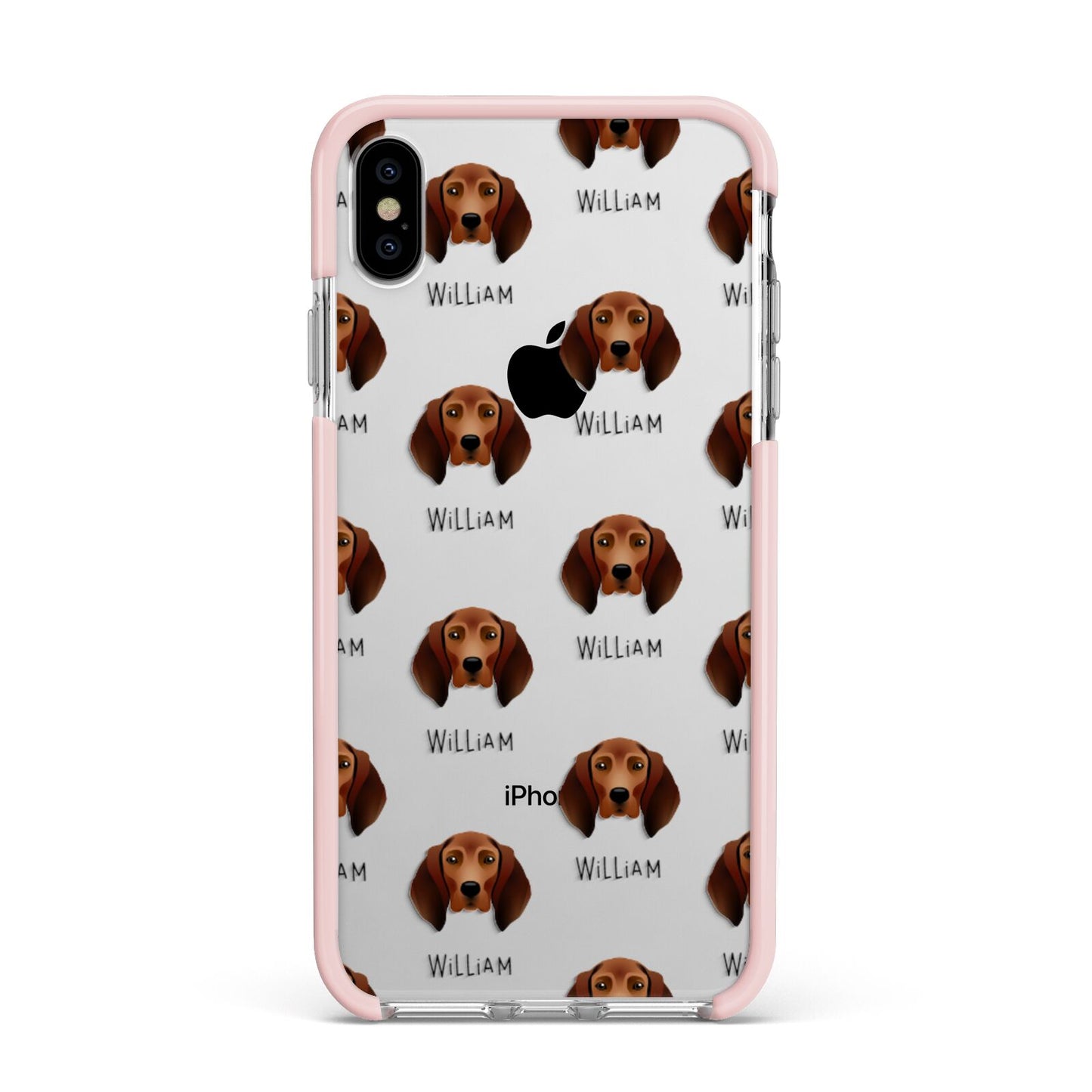 Redbone Coonhound Icon with Name Apple iPhone Xs Max Impact Case Pink Edge on Silver Phone