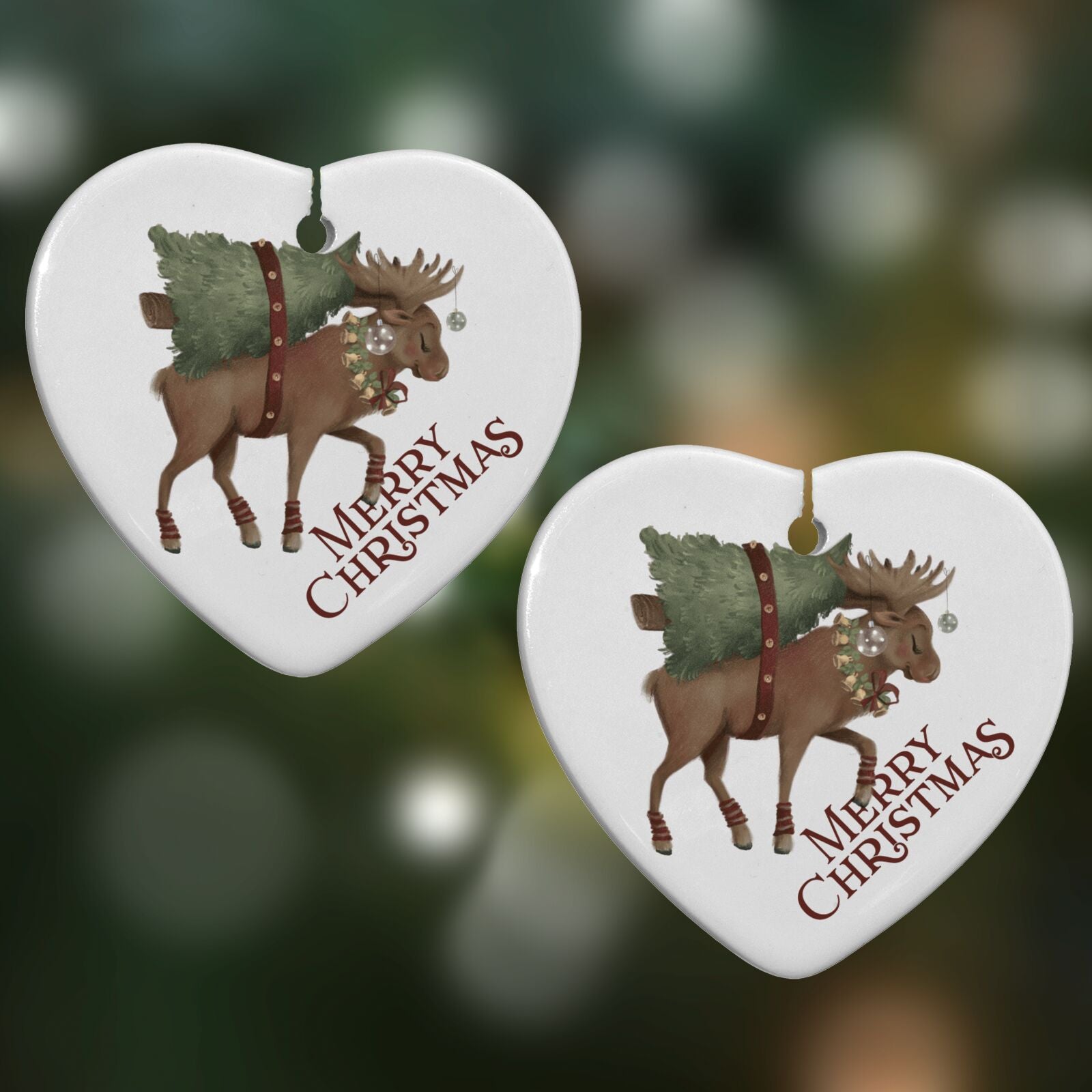 Reindeer Christmas Tree Heart Decoration on Christmas Background