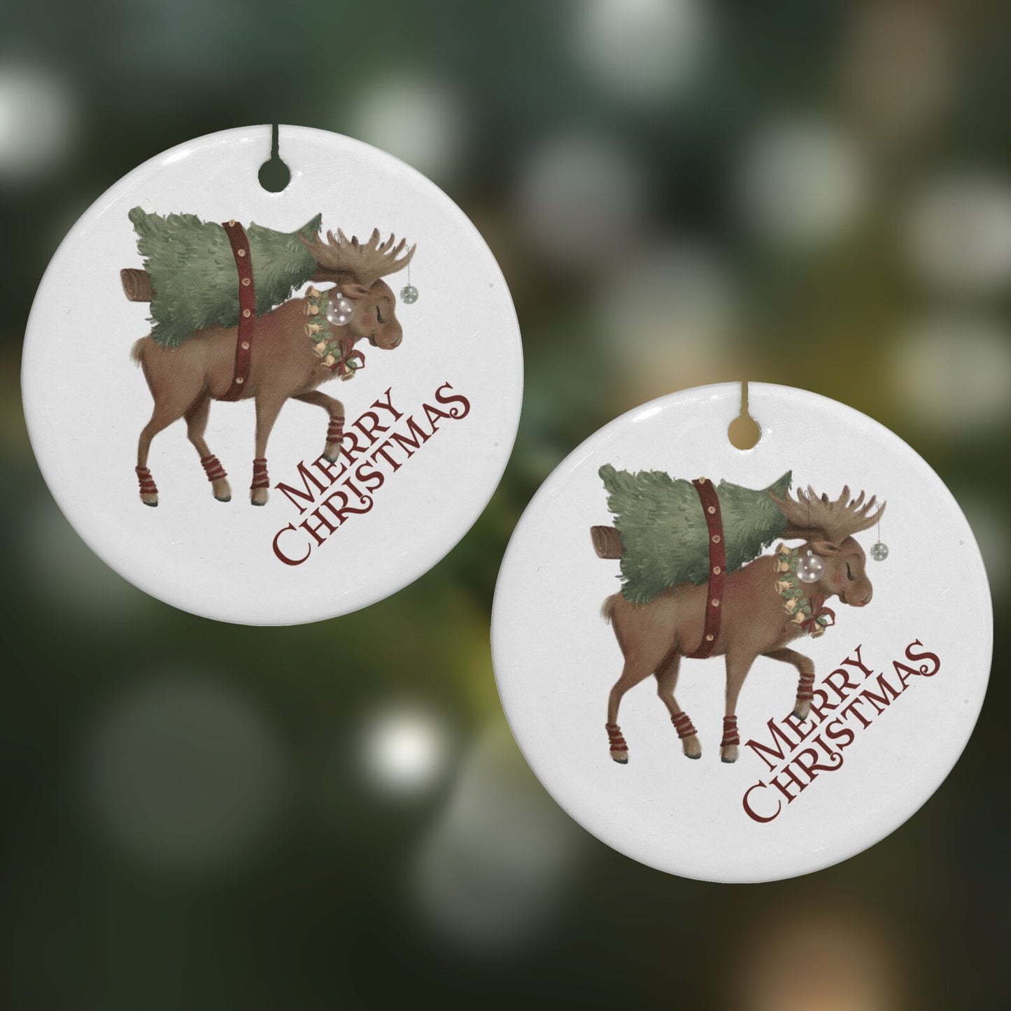 Reindeer Christmas Tree Round Decoration on Christmas Background