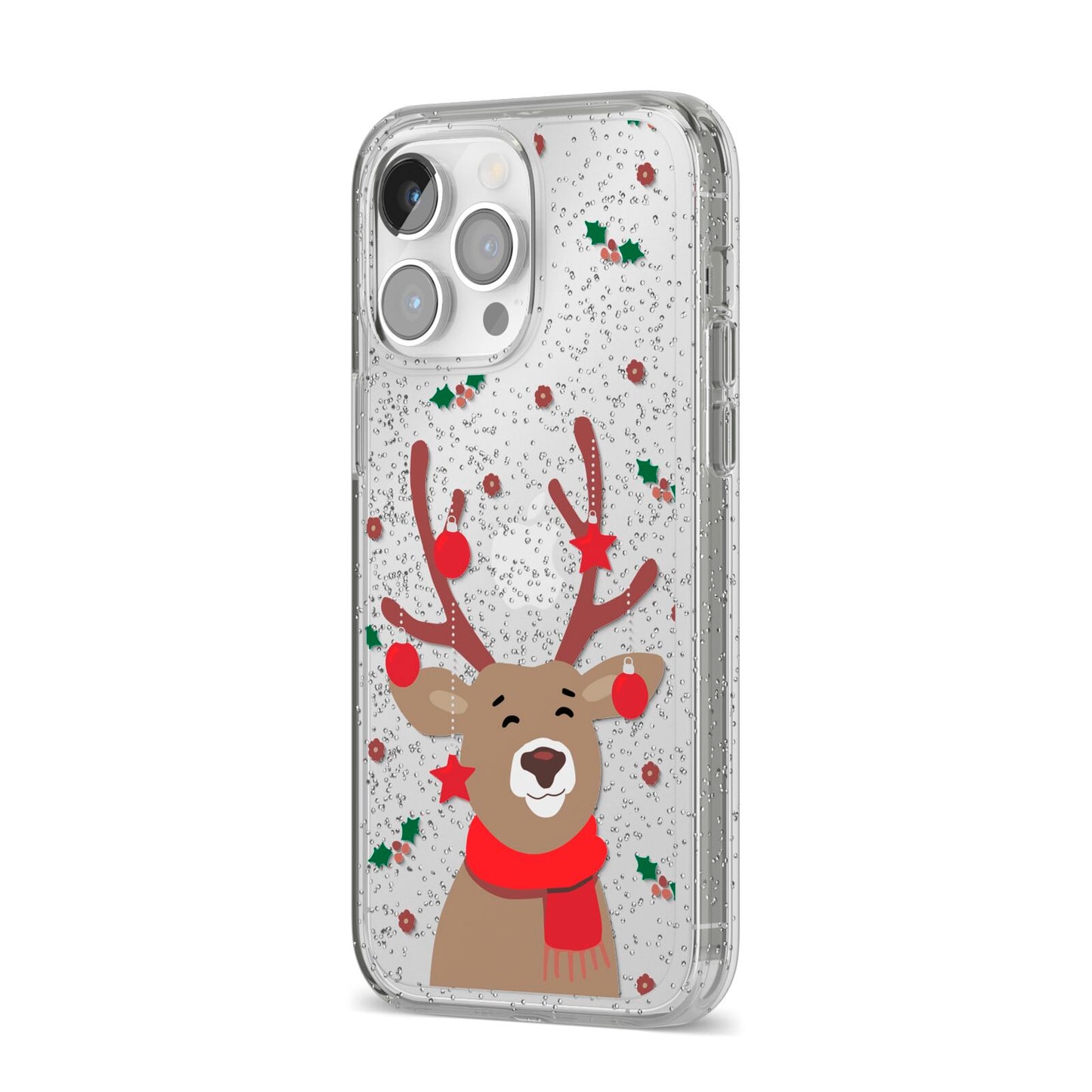 Reindeer Christmas iPhone 14 Pro Max Glitter Tough Case Silver Angled Image