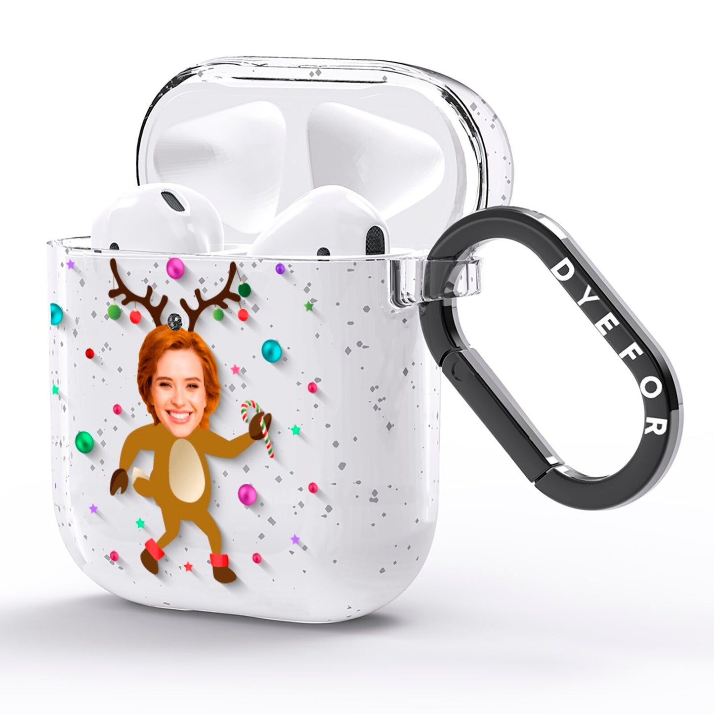 Reindeer Photo Face AirPods Glitter Case Side Image