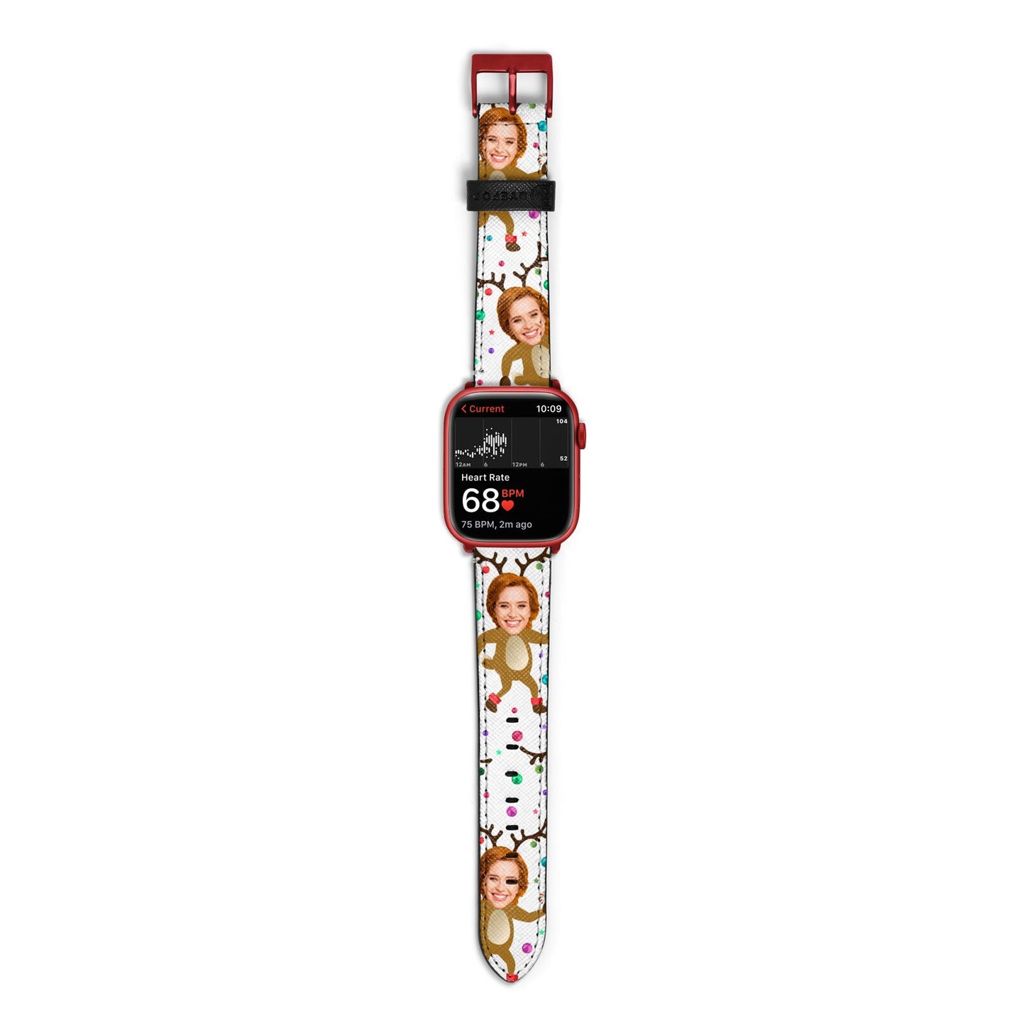 Reindeer Photo Face Apple Watch Strap Size 38mm with Red Hardware