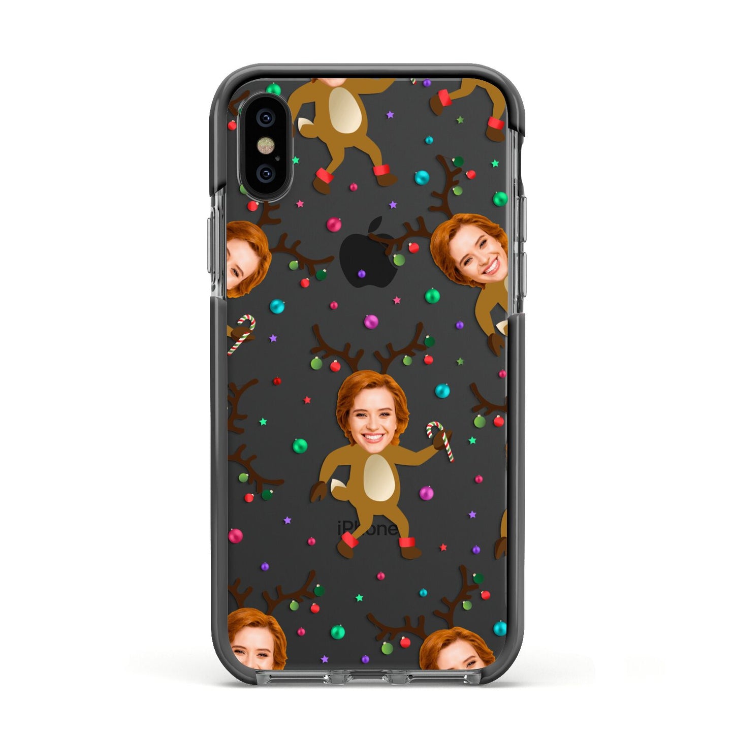 Reindeer Photo Face Apple iPhone Xs Impact Case Black Edge on Black Phone