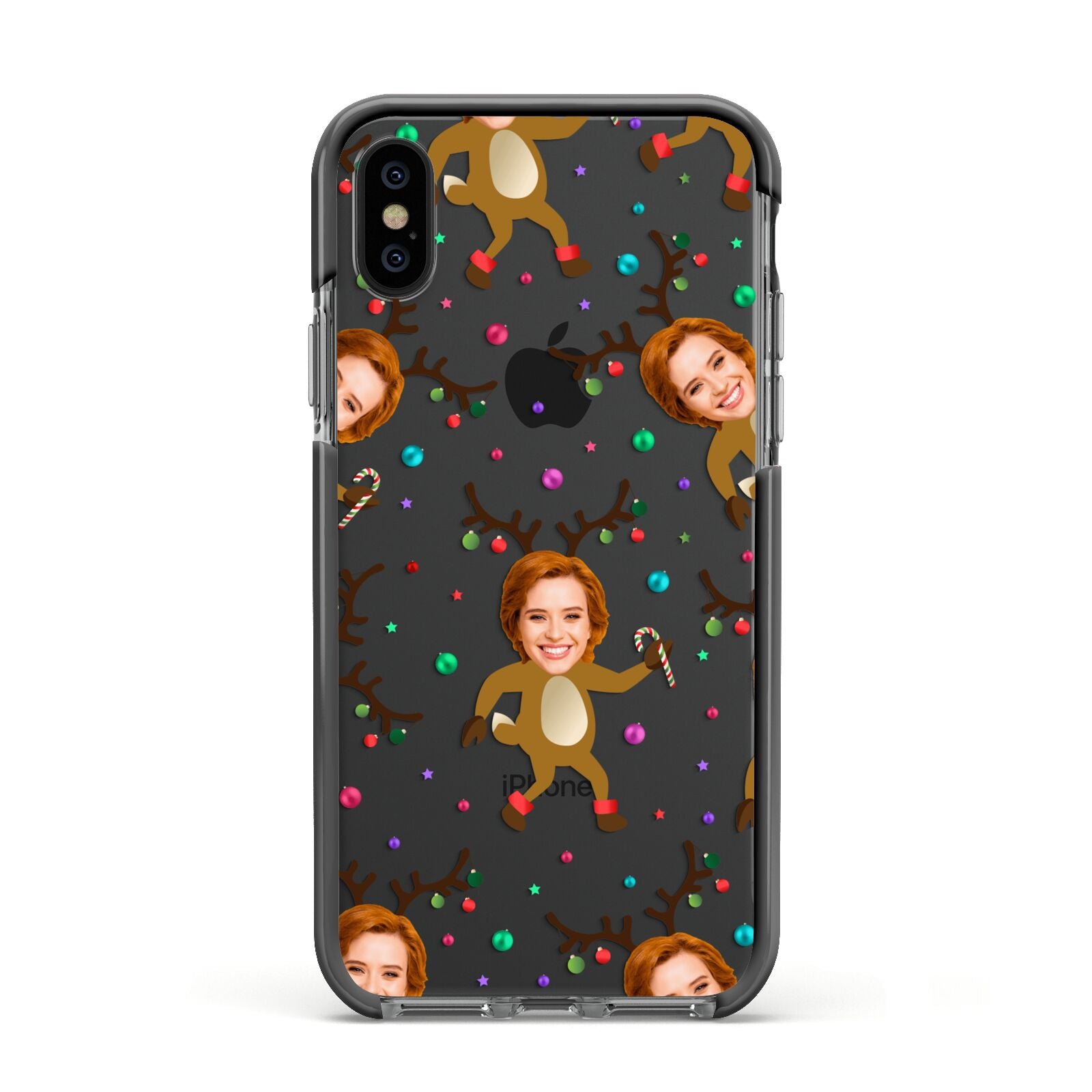 Reindeer Photo Face Apple iPhone Xs Impact Case Black Edge on Black Phone