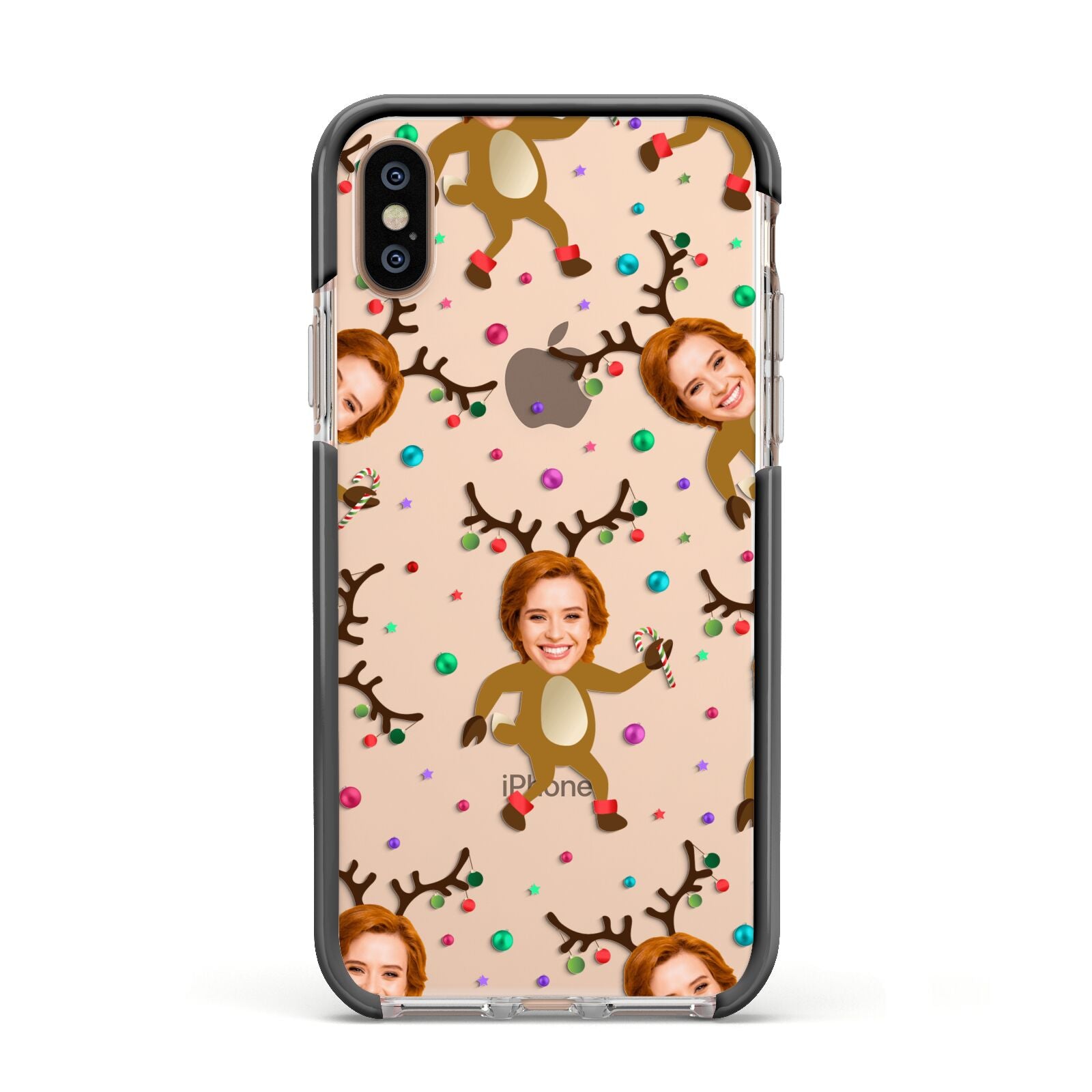Reindeer Photo Face Apple iPhone Xs Impact Case Black Edge on Gold Phone
