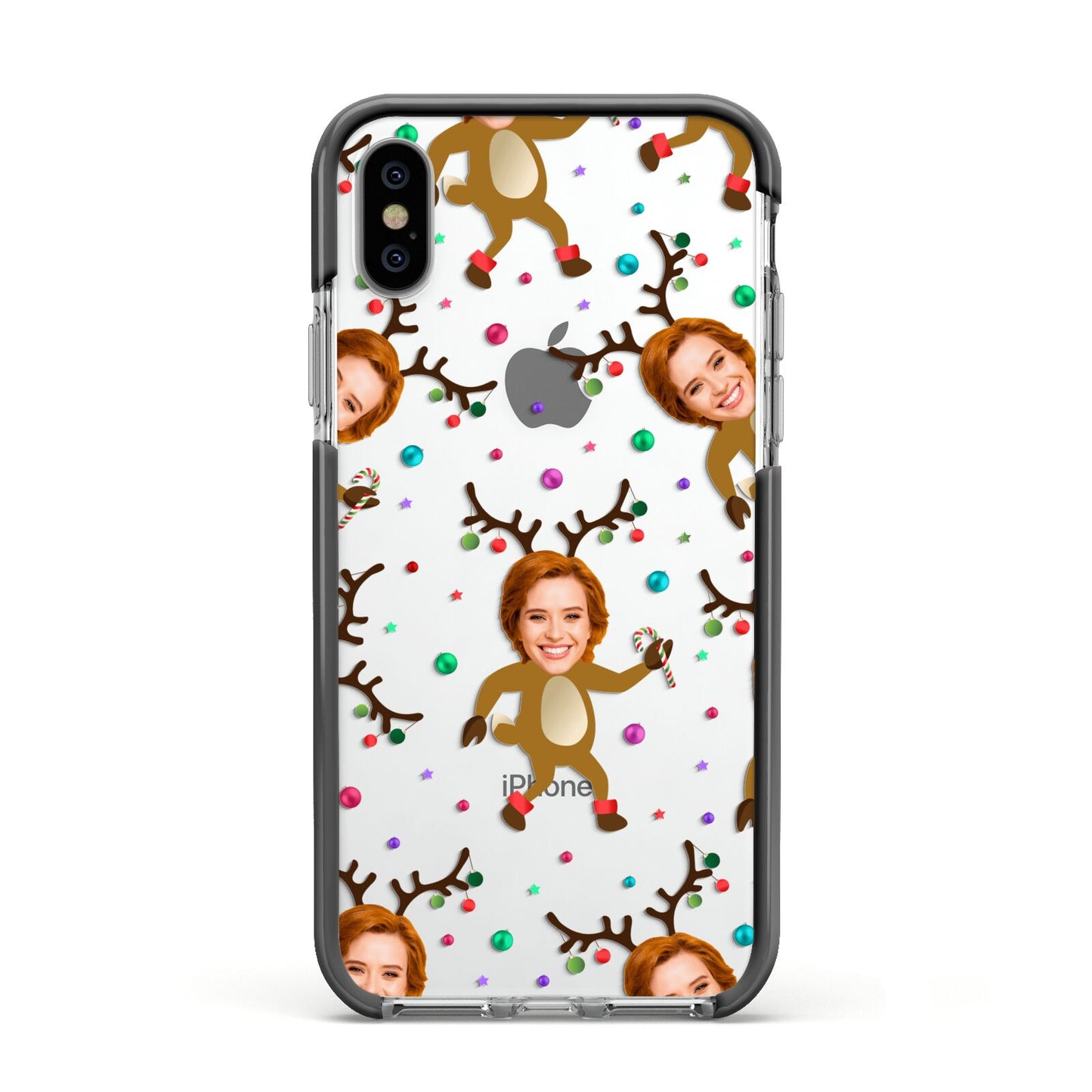 Reindeer Photo Face Apple iPhone Xs Impact Case Black Edge on Silver Phone