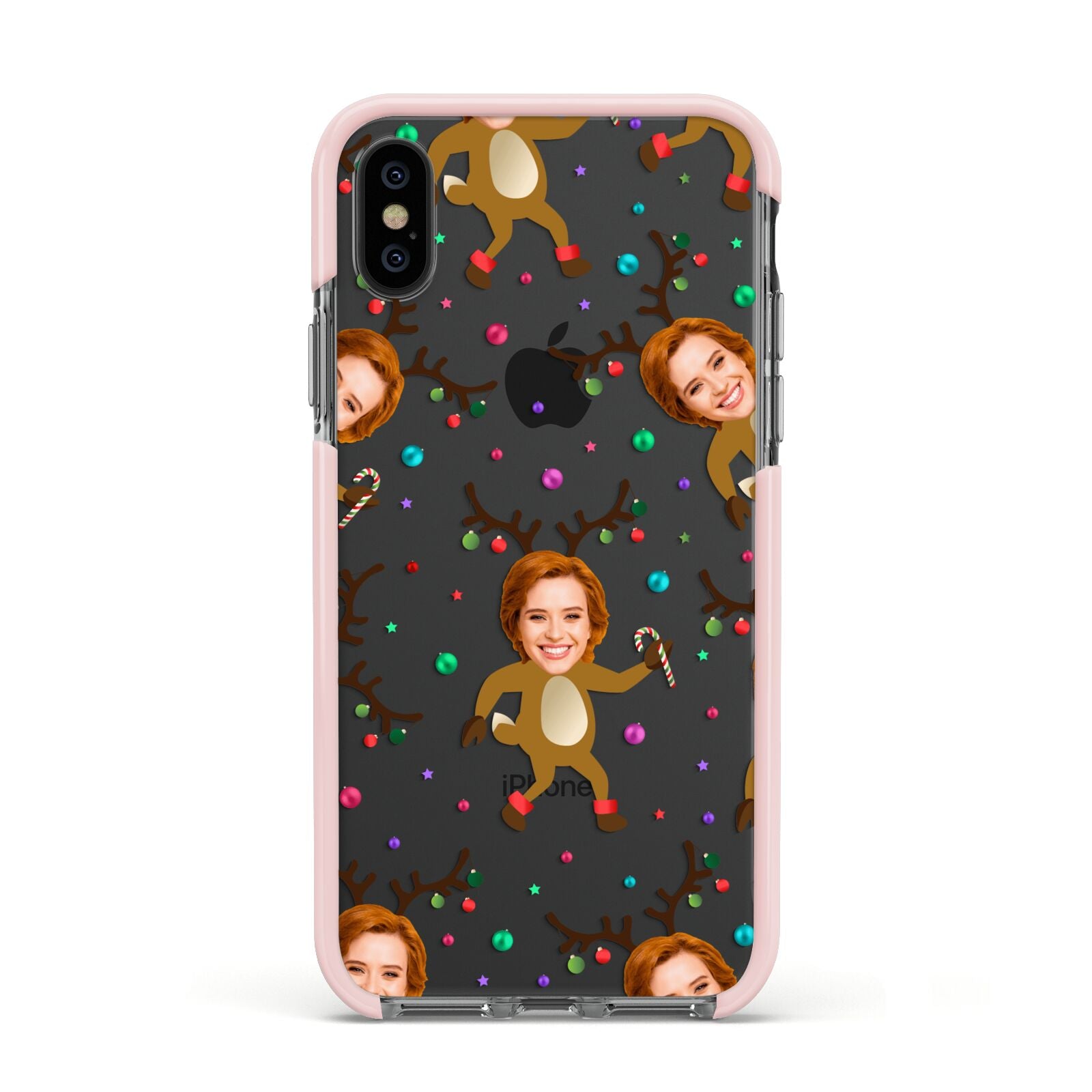 Reindeer Photo Face Apple iPhone Xs Impact Case Pink Edge on Black Phone