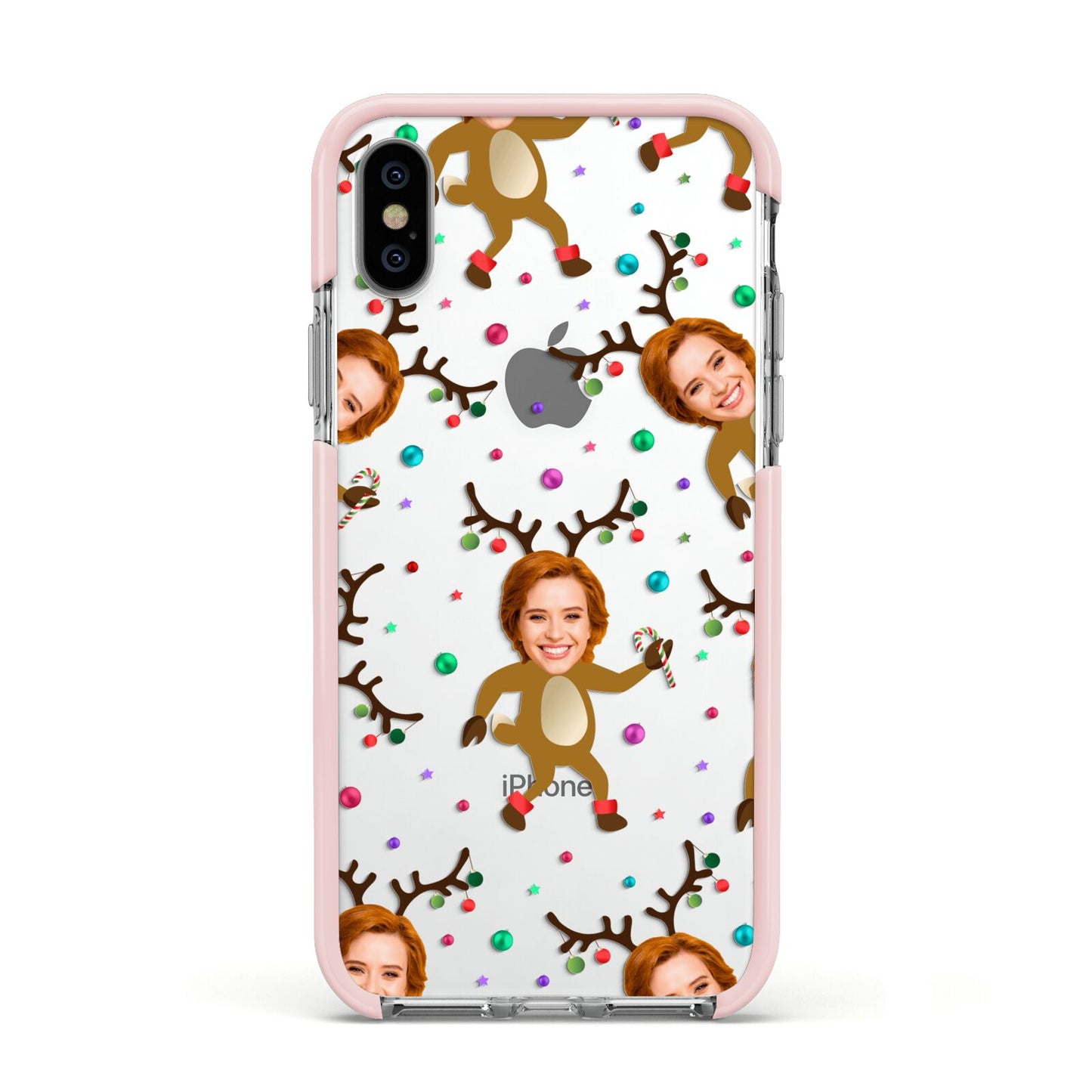 Reindeer Photo Face Apple iPhone Xs Impact Case Pink Edge on Silver Phone
