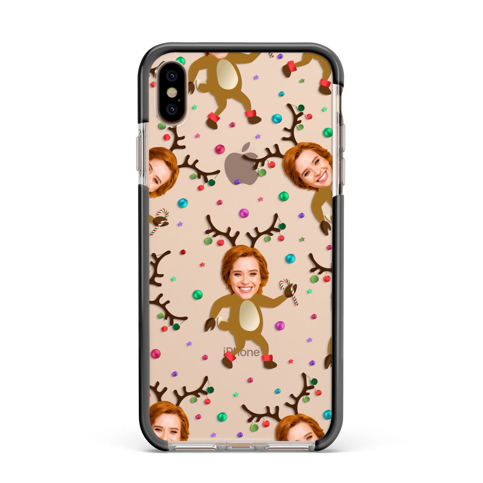 Reindeer Photo Face Apple iPhone Xs Max Impact Case Black Edge on Gold Phone