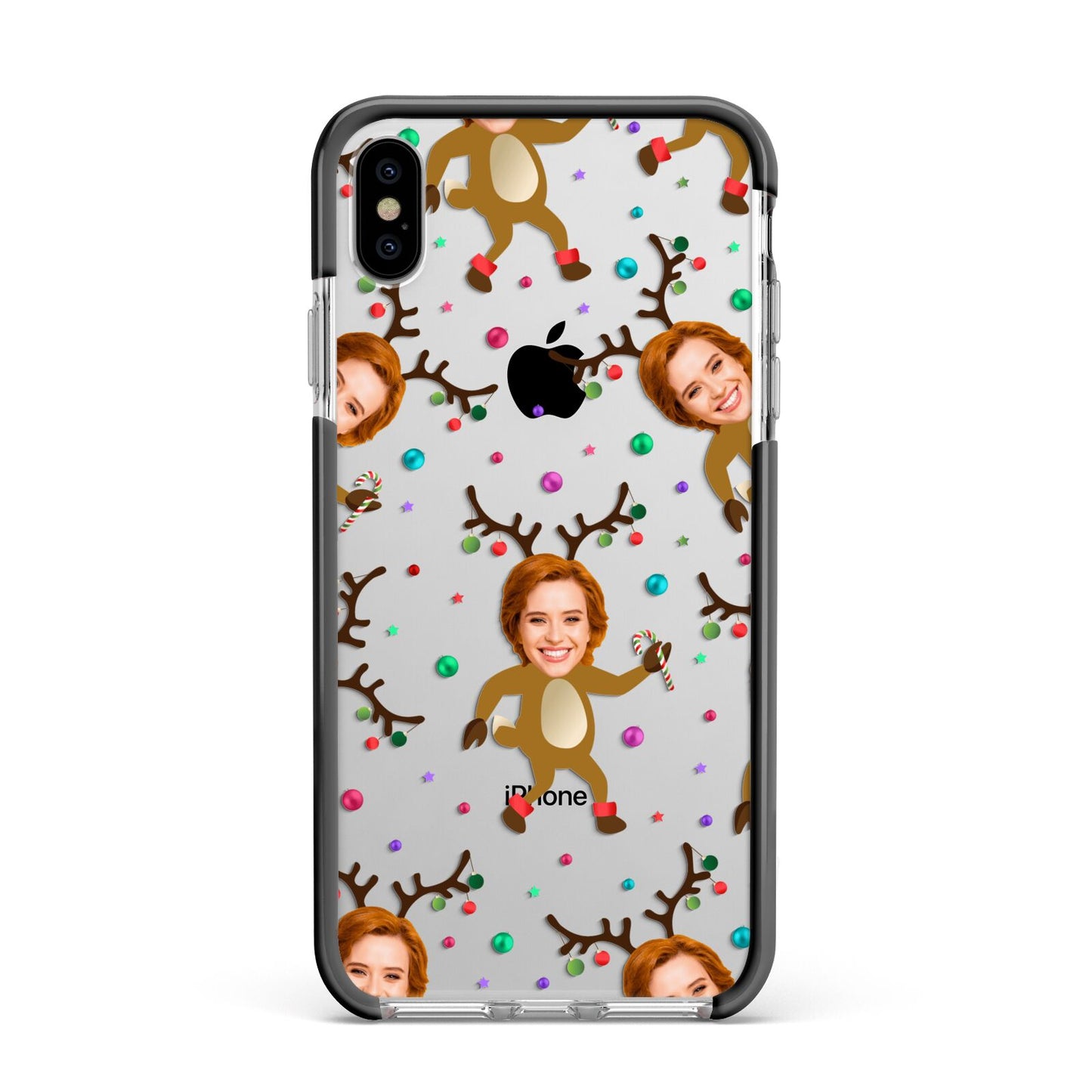 Reindeer Photo Face Apple iPhone Xs Max Impact Case Black Edge on Silver Phone