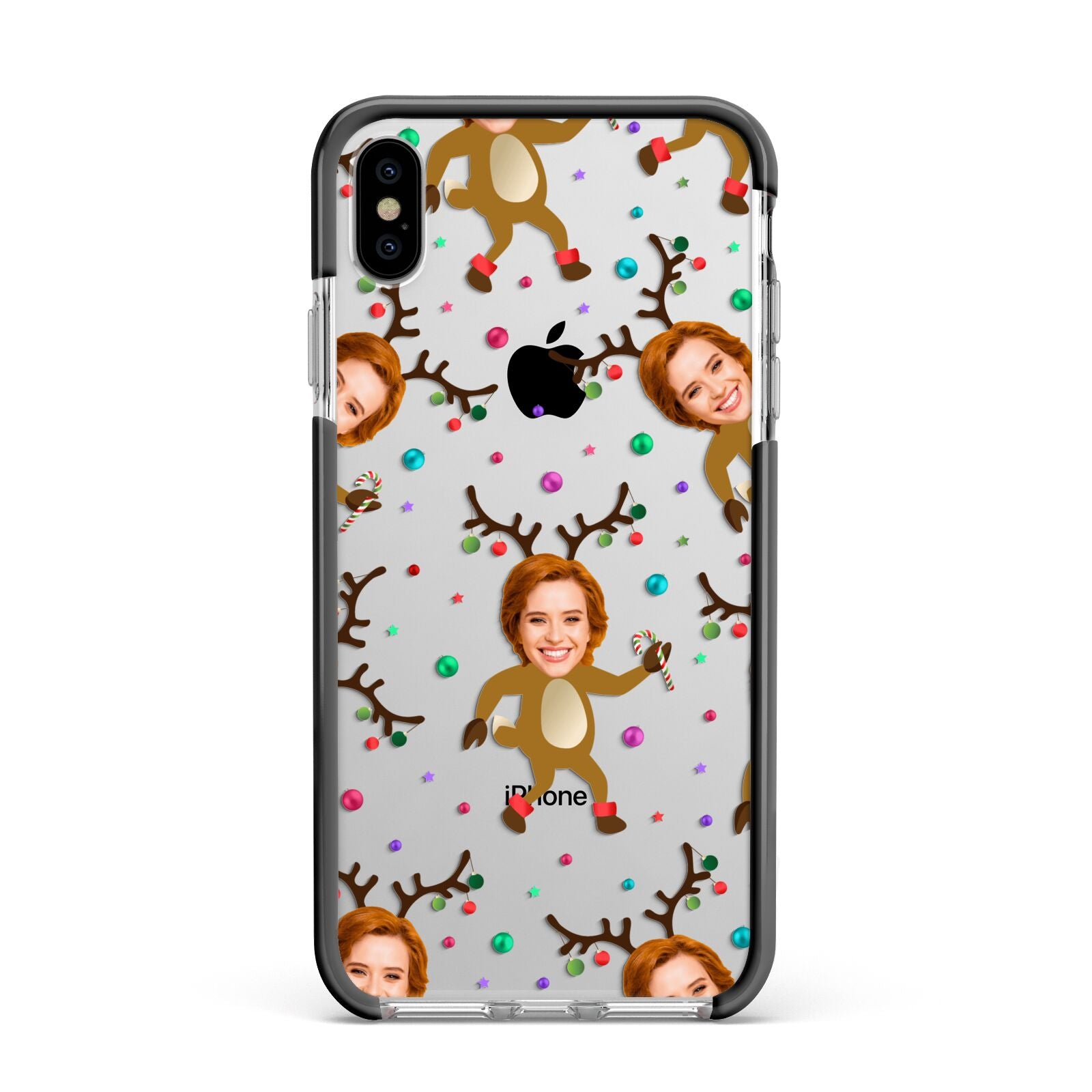 Reindeer Photo Face Apple iPhone Xs Max Impact Case Black Edge on Silver Phone