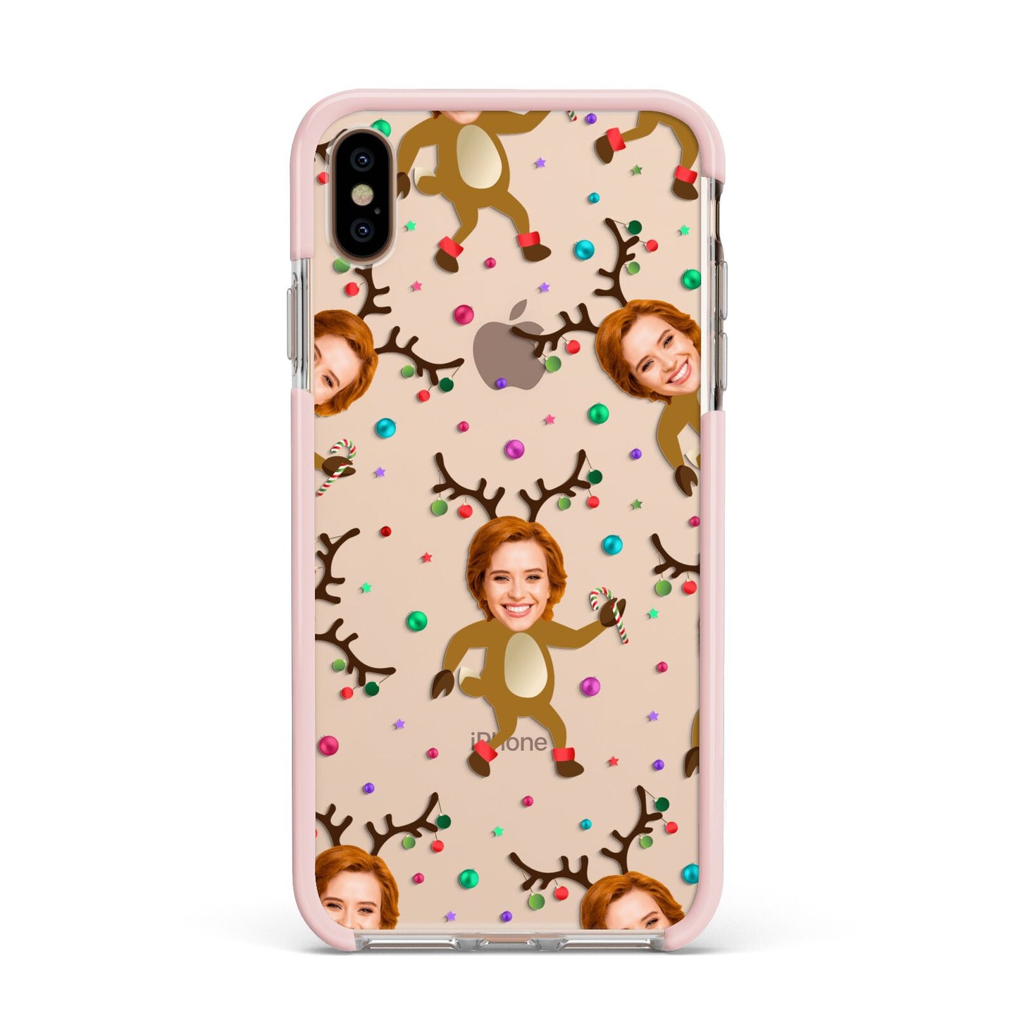Reindeer Photo Face Apple iPhone Xs Max Impact Case Pink Edge on Gold Phone