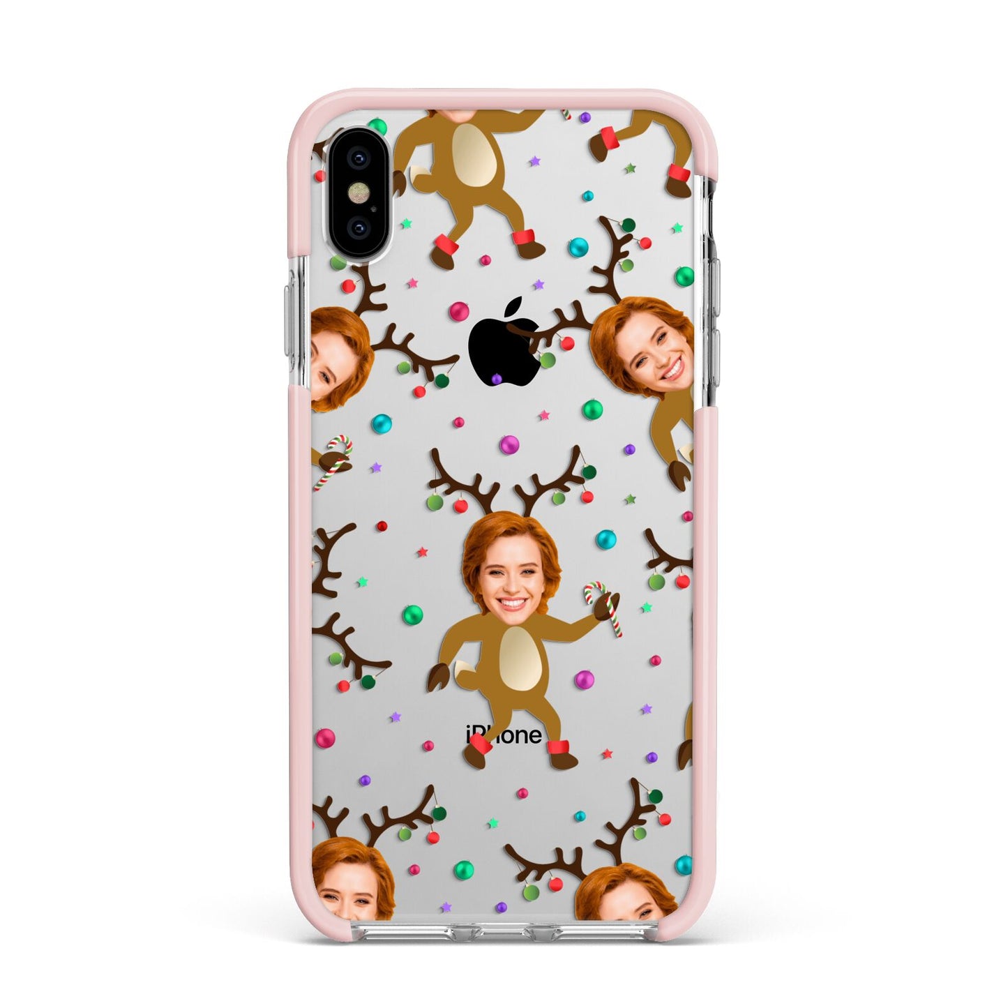 Reindeer Photo Face Apple iPhone Xs Max Impact Case Pink Edge on Silver Phone