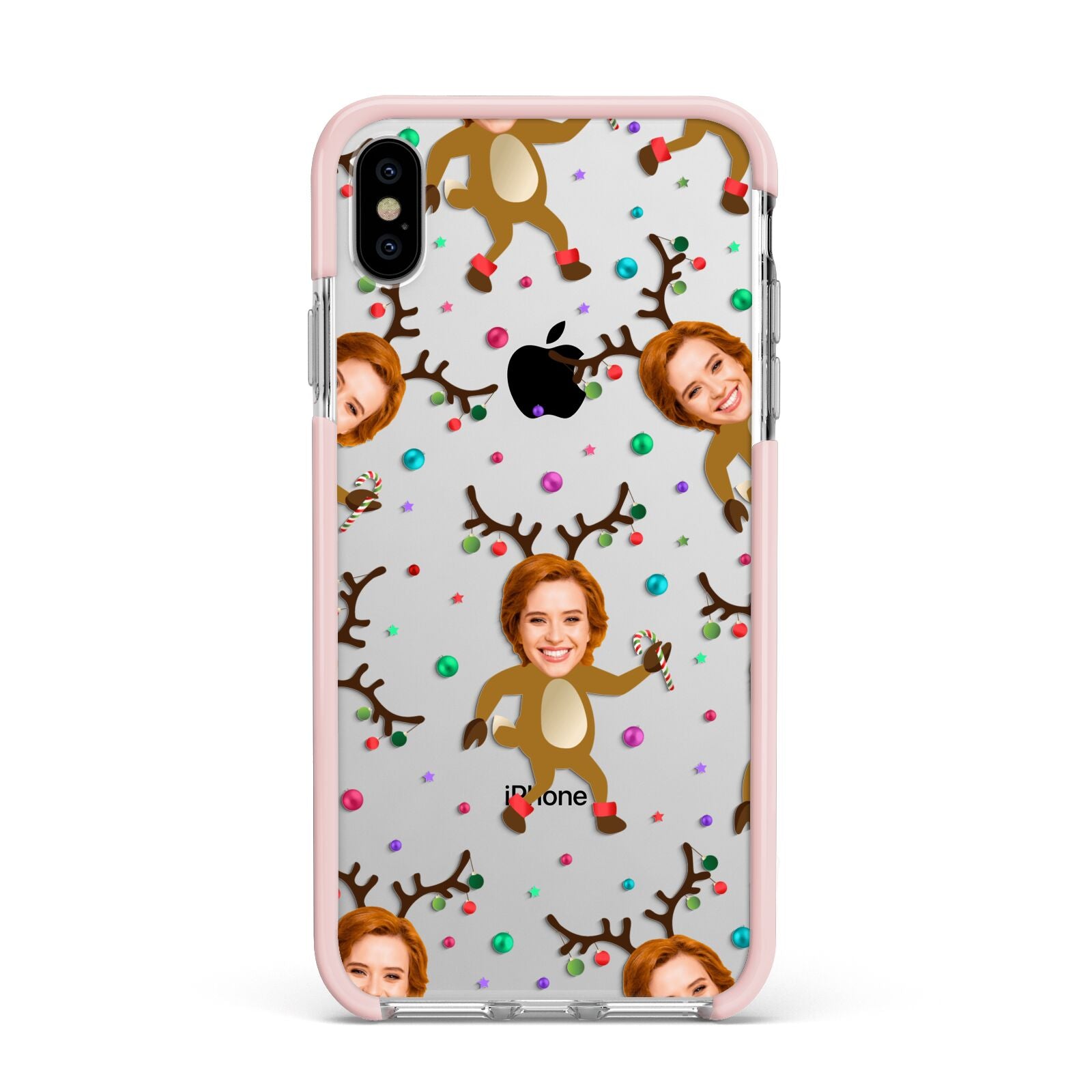 Reindeer Photo Face Apple iPhone Xs Max Impact Case Pink Edge on Silver Phone