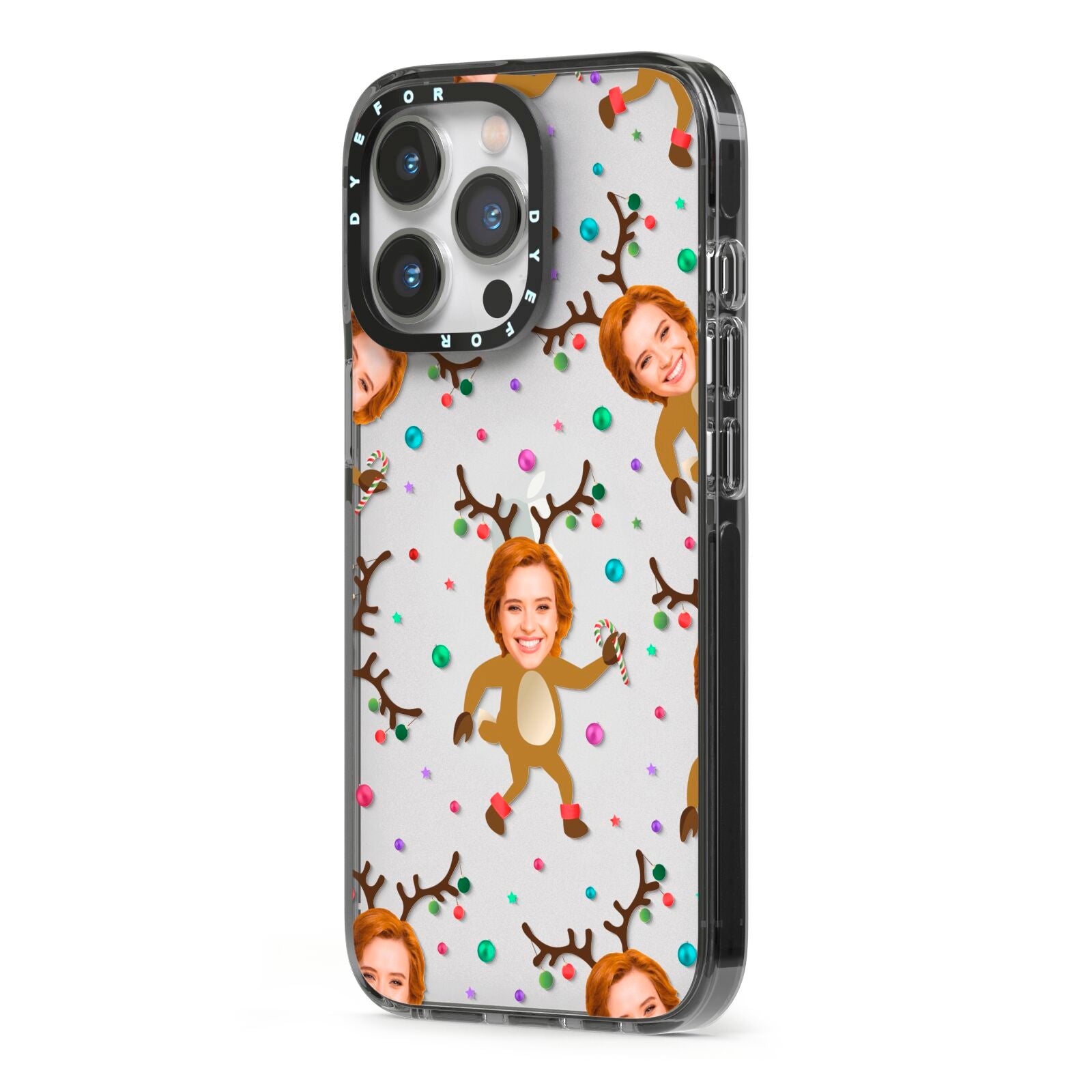 Reindeer Photo Face iPhone 13 Pro Black Impact Case Side Angle on Silver phone
