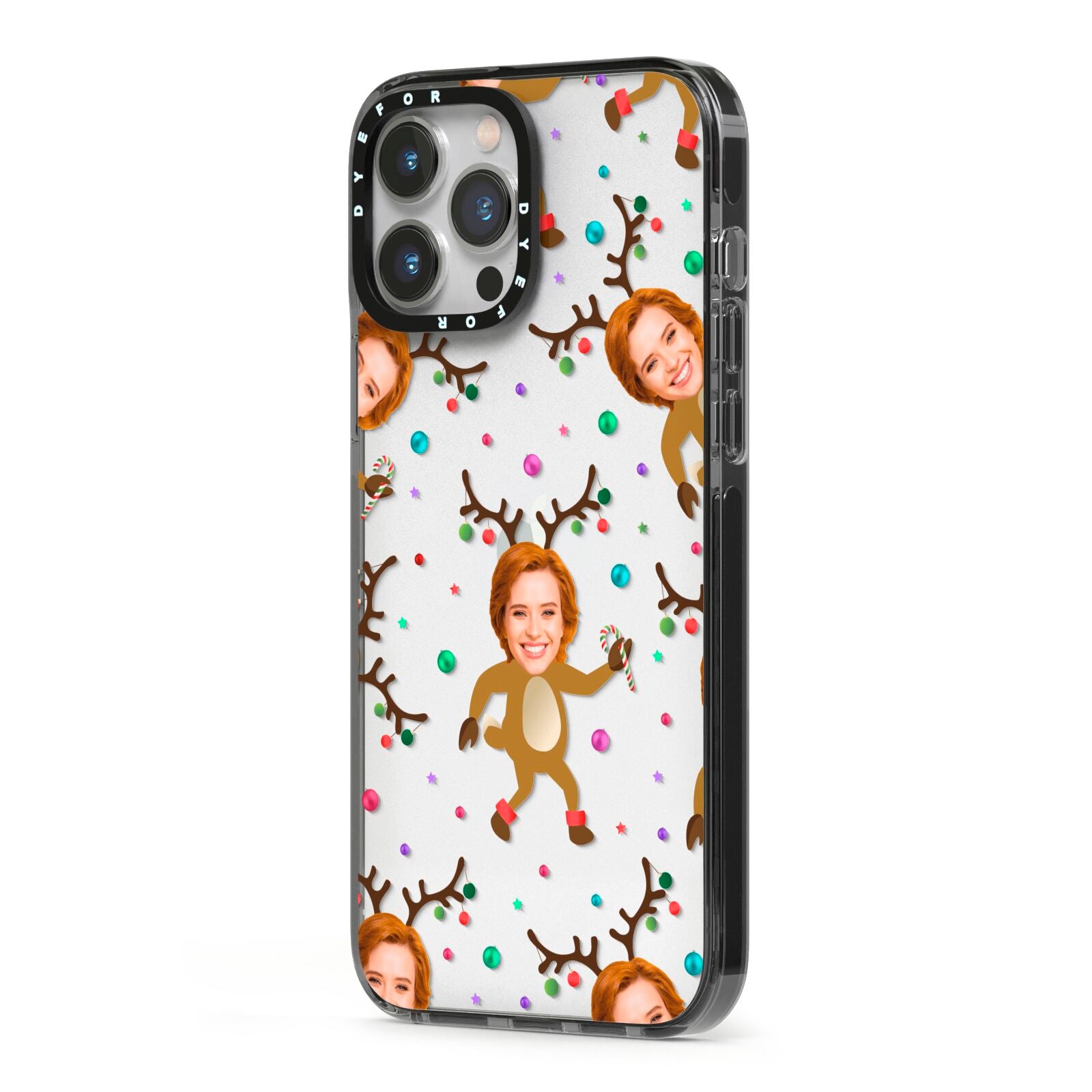 Reindeer Photo Face iPhone 13 Pro Max Black Impact Case Side Angle on Silver phone