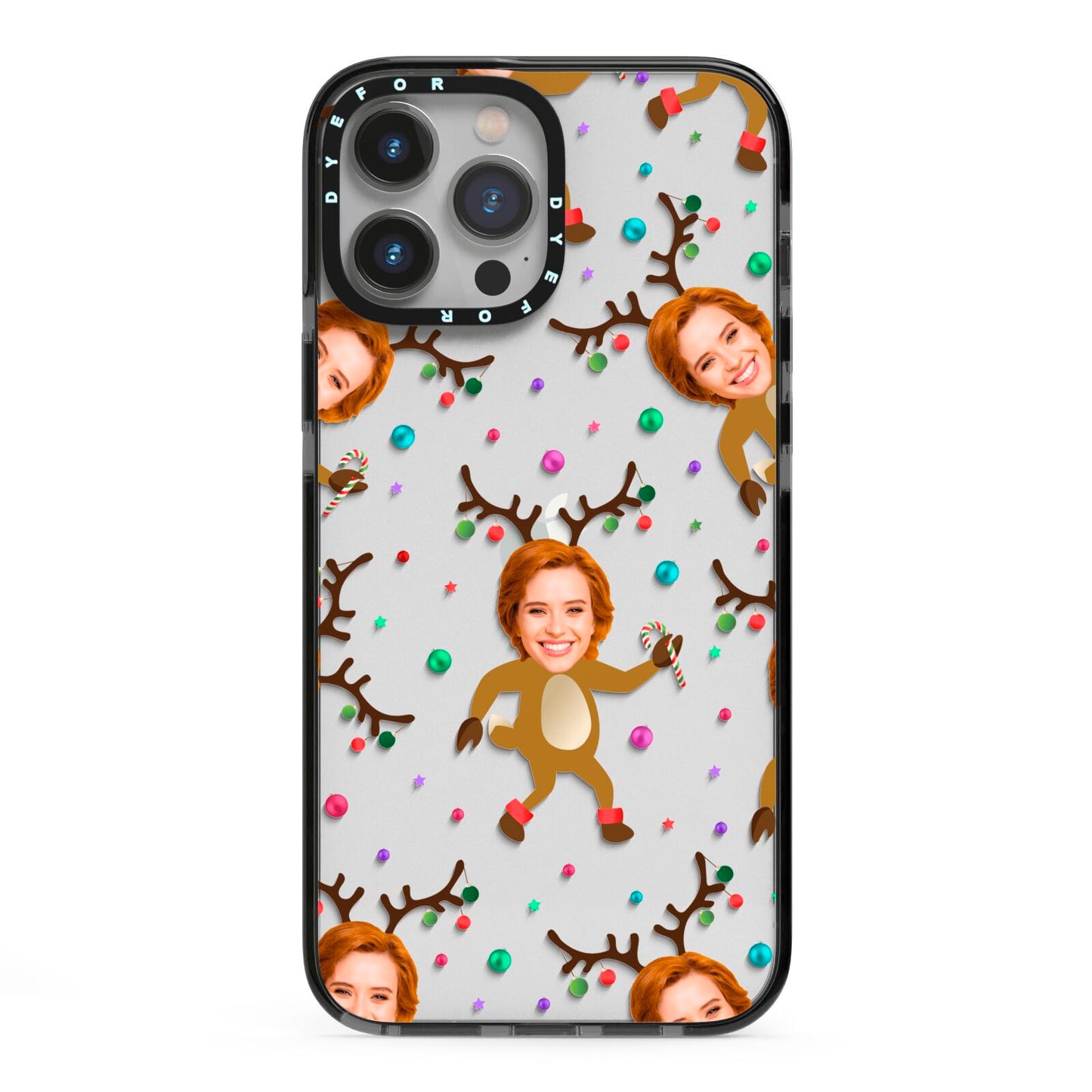 Reindeer Photo Face iPhone 13 Pro Max Black Impact Case on Silver phone
